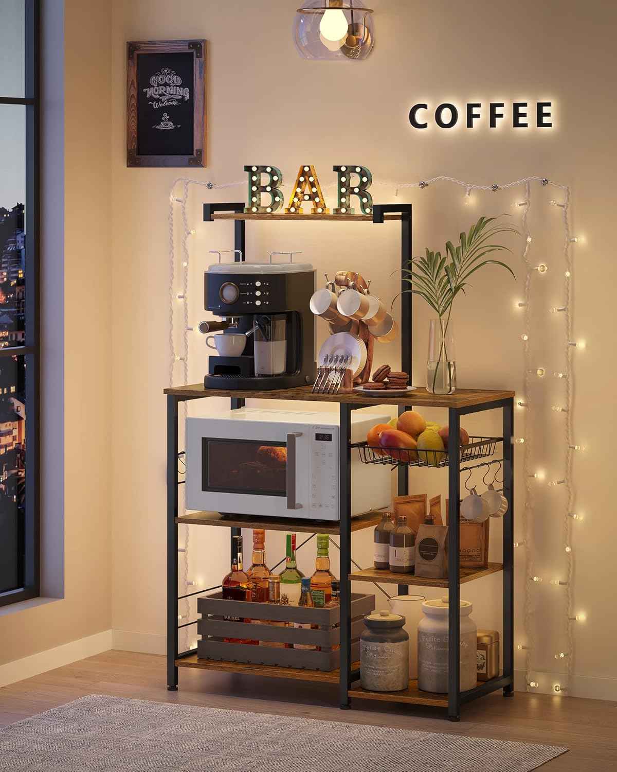 VASAGLE Baker's Rack, Microwave Stand, Kitchen Storage Rack with Wire Basket, 6 Hooks, and Shelves, for Spices, Pots, and Pans, Rustic Brown and Ink Black UKKS35X