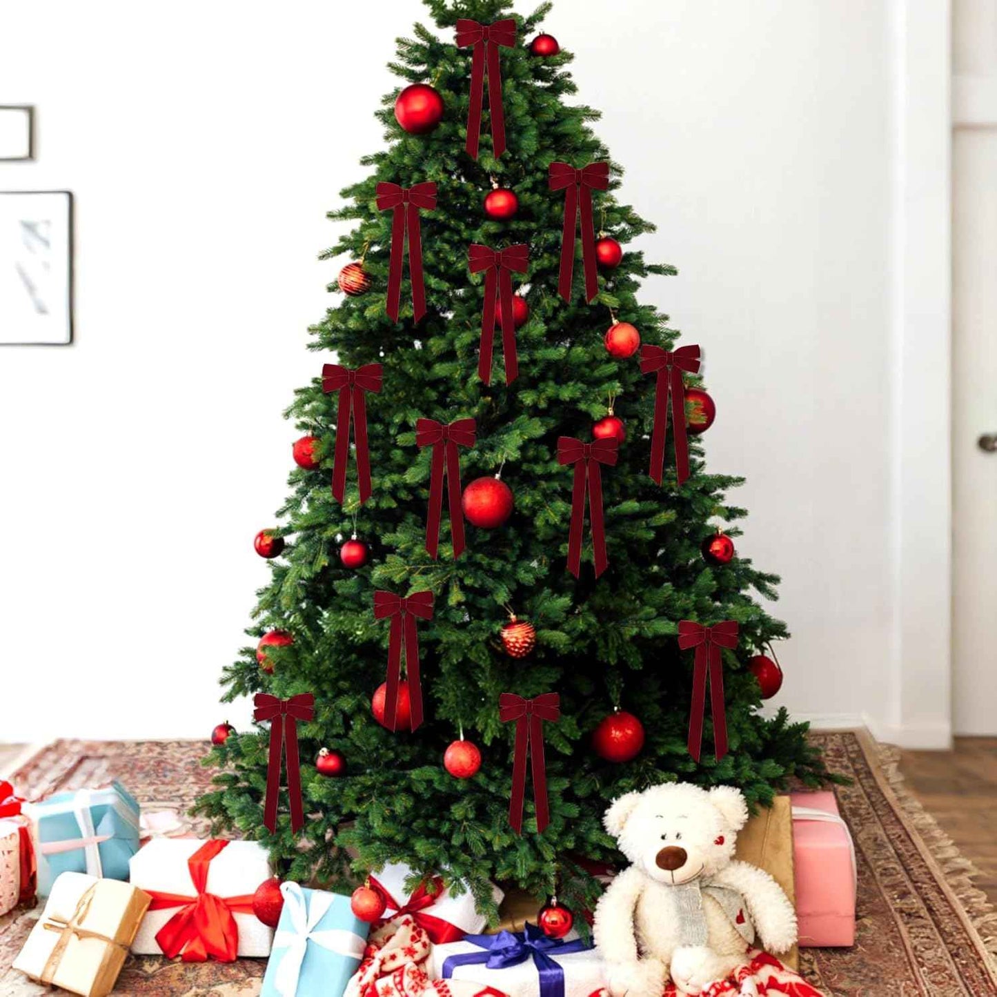 12Pcs Burgundy Velvet Ribbon Bows Christmas Tree Decorations,5in x 10in Xmas Ornaments for Tree Home Party Front Door Wreath Garland Holiday Decor