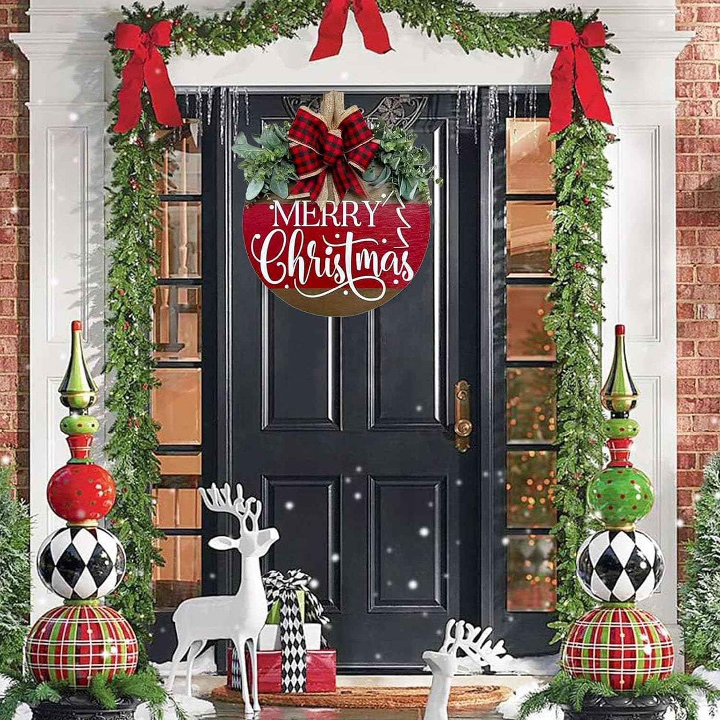 Merry Christmas Wreath Hanging Sign for Front Door, Wooden Welcome Wreaths Sign with Bow for Holiday Rustic Farmhouse Outdoor Wall Window Decor (Merry Christmas)