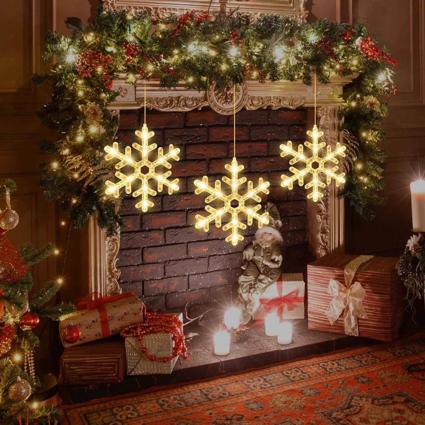 3Pack Christmas Window Lights Decorations with Timer,Battery Powered Christmas Hanging Warm White Lighted Snowflake Shaped LED Sucker for 2026 Xmas Tree Fireplace Indoor Decor