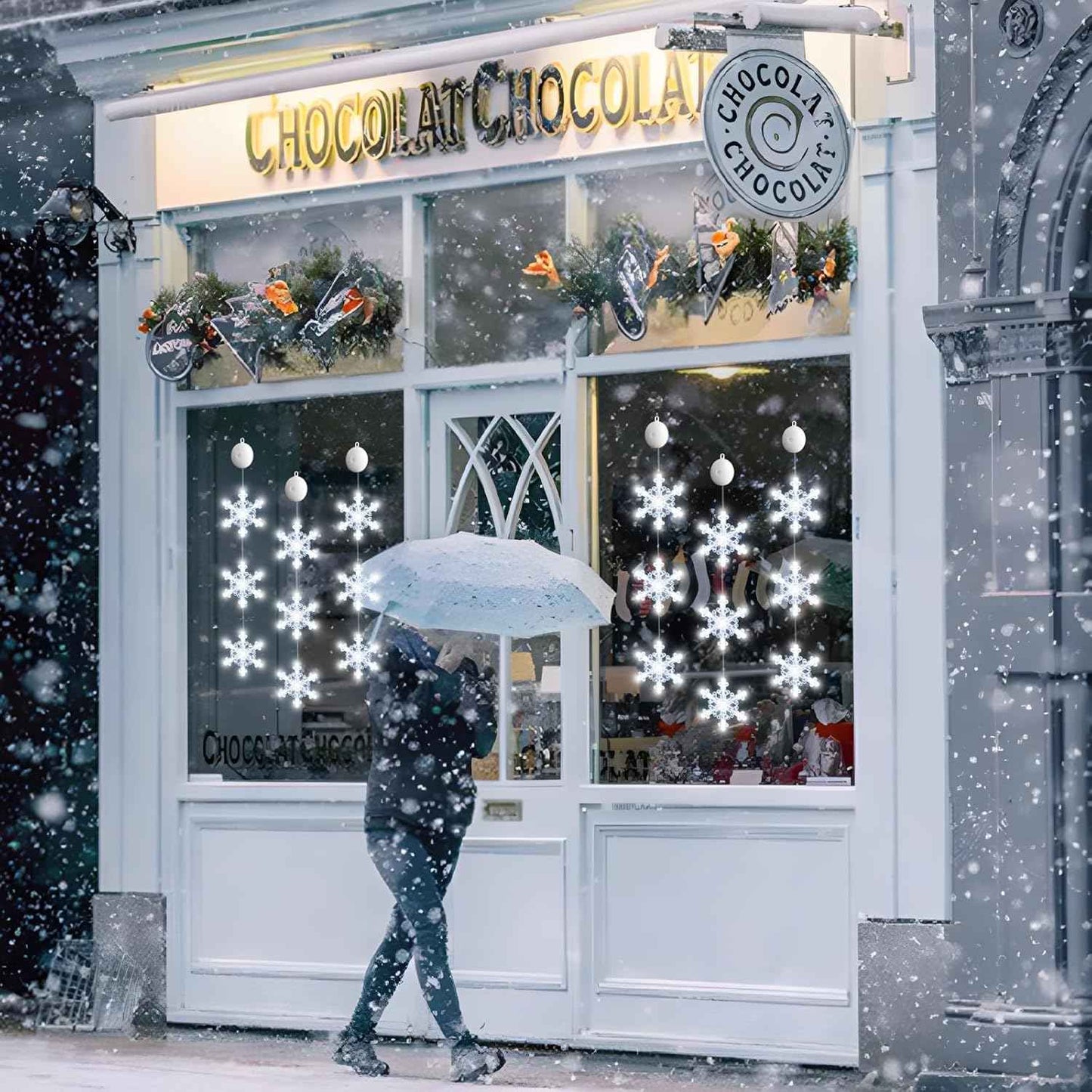 3Pcs Christmas Window Lights Decorations with Timer, Battery Powered Christmas Window Hanging White Lighted Snowflake Shaped LED Sucker String Lamp for Xmas Tree Fireplace Window Indoor Decor