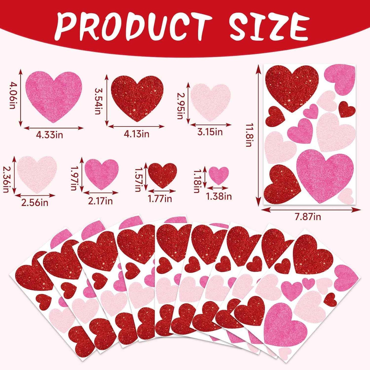 9 Sheets Valentines Day Window Clings Decoration, Glitter Heart Stickers Decor for Galentine's Day, Red Pink Decals for Home, Office, Classroom, Glass Doors