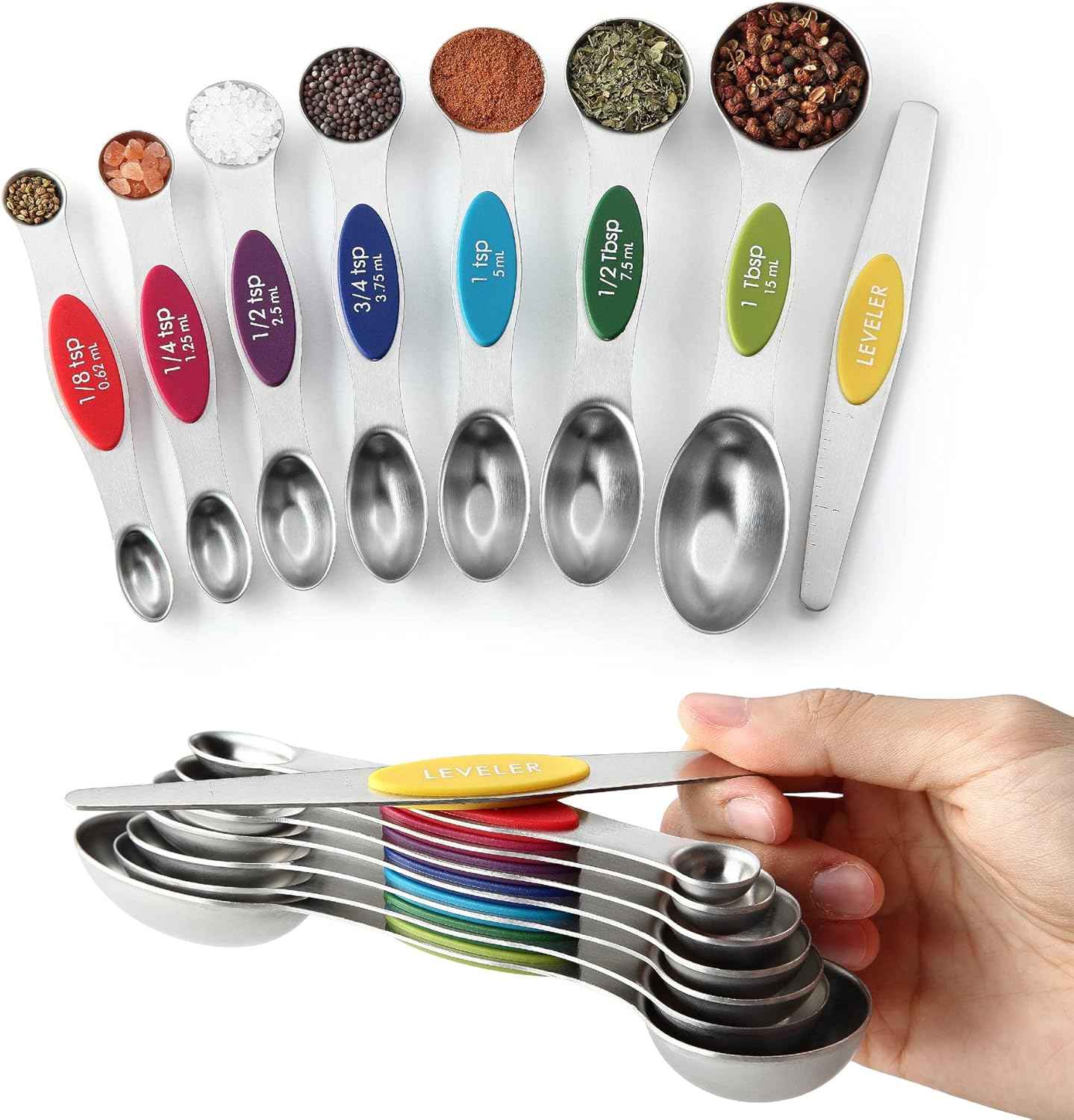 Spring Chef Stainless Steel Magnetic Measuring Spoons Set with Strong N45 Magnets, Heavy Duty Metal Kitchen Gadgets for Baking & Cooking, Fits in Most Kitchen Spice Jars, Set of 8 with Leveler, Black