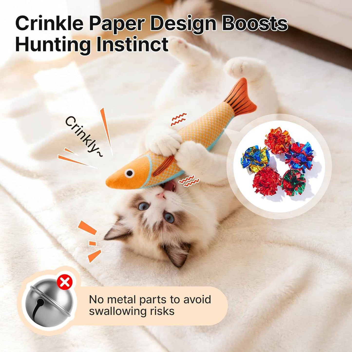 Potaroma Cat Toys Saury Fish, 3 Pack, Catnip Crinkle Sound, Soft and Durable, Interactive Kitten Kicker for Indoor Kitty Exercise 9.4 Inches for All Breeds