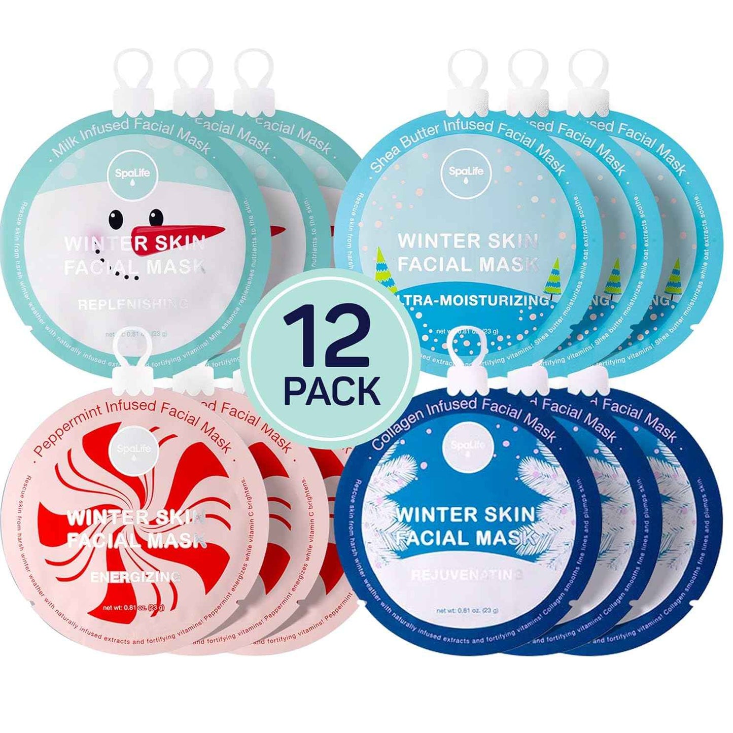 SpaLife Beauty Holiday Treats Christmas Face Mask Bundle | Korean Facial Mask | Hydrating, Soothing and Moisturizing Sheet Mask Set | Stocking Stuffers for Women | Bulk Christmas Gifts | 12 Pack
