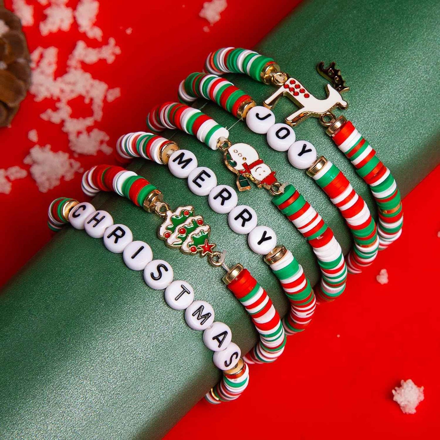Artlunar 6 Pack Christmas Bracelets: Joy & Merry Candy-Style Stacks for Women & Teens - Perfect Christmas Gifts - Age 3 to Adult