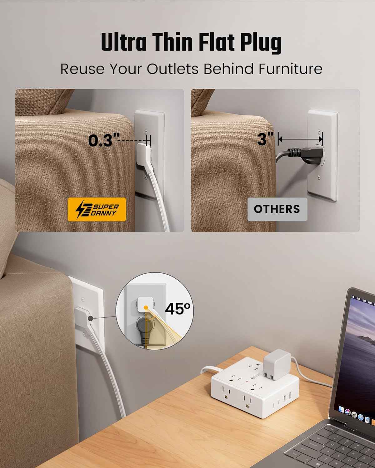 10Ft Extension Cord with Multiple Outlets, Flat Plug Surge Protector Power Strip 10 Ft Long Cord, 8 Outlets & 4 USB Ports (2 USB C), Desk Charging Station for Home Office, College Dorm Room Essentials