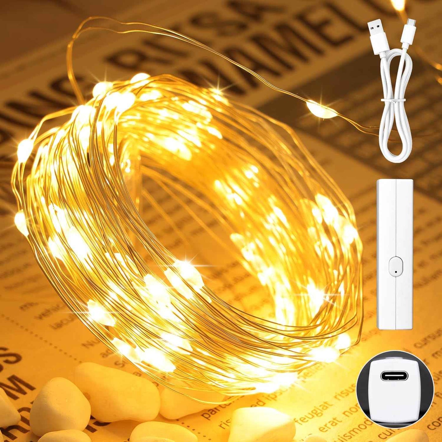 Lakumu LED Fairy Lights Battery Operated, Rechargeable Twinkle Lights with Timer, Mini LED String Lights for Bedroom, Christmas Decorations, Wedding, Centerpiece Table Decor (5M/16FT Warm White)