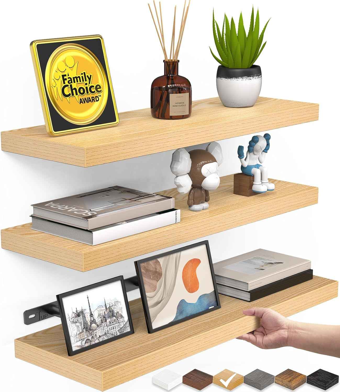 BAYKA Floating Shelves for Wall, Wall Mounted Rustic Wood Shelves for Bathroom, Bedroom, Living Room, Kitchen, Hanging Shelf for Books/Storage/Room Decor with 22lbs Capacity (Black, Set of 3, 15.7in)