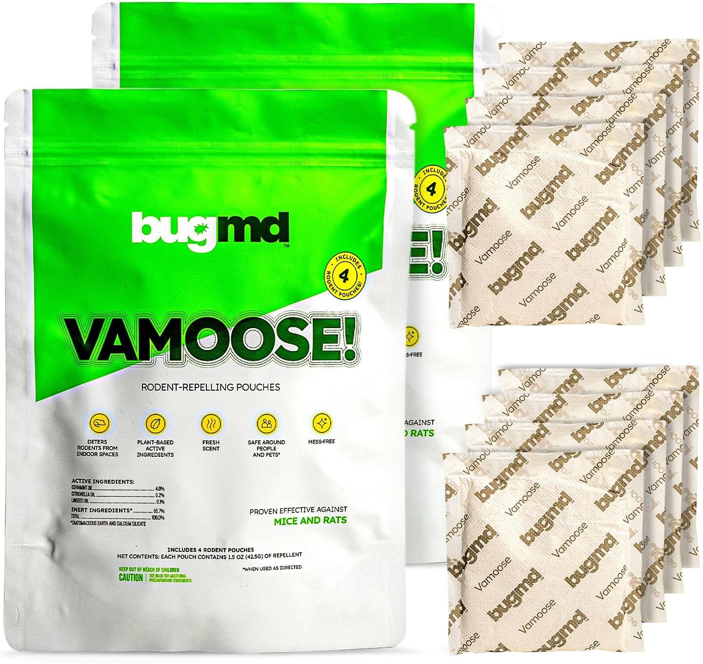 BugMD Vamoose Rodent Repellent Pouches (1 Pack, 4 Pouches) Plant-Powered Rat Repellent, Mouse Deterrent, Indoor & Outdoor Mice Repellent, Best Mouse Repellent, Natural Rat & Mouse Repellent