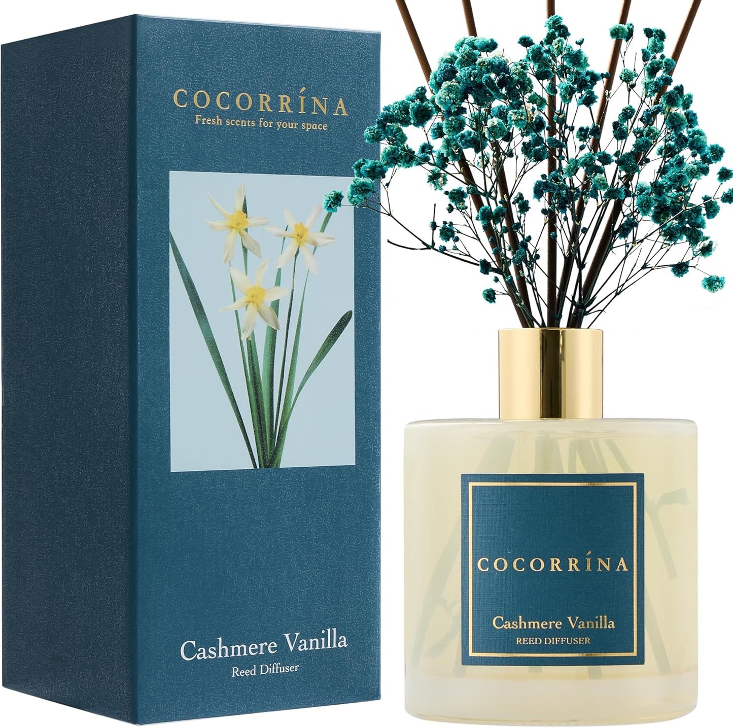 Cocorrína Premium Reed Diffuser Set with Preserved Baby's Breath & Cotton Stick Cashmere Vanilla | 6.7 fl oz Scent Fragrance Oil Diffuser for Bedroom Bathroom Home Décor