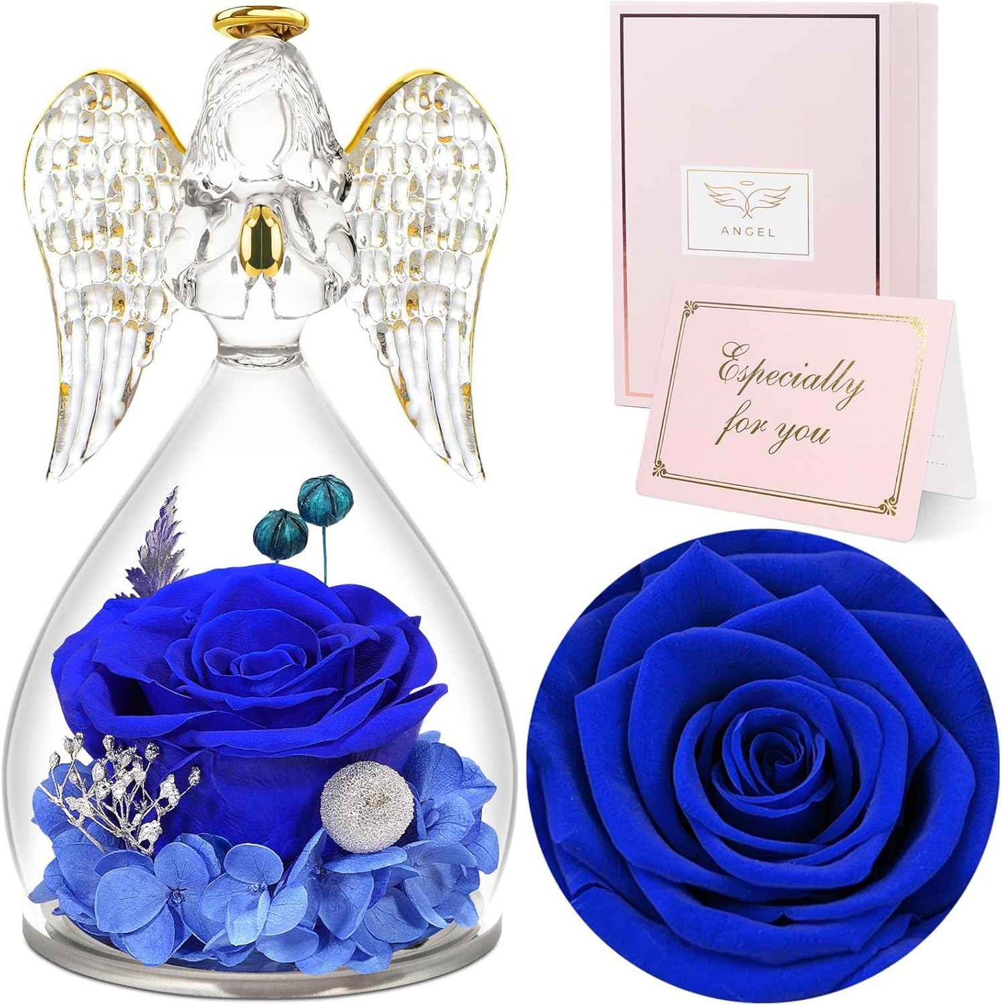 Sunia Valentines Day Rose Gifts for Women, Birthday Gifts for Mom Grandma, Forever Preserved Flower in Glass Angel Figurines Flowers for Delivery Prime, Mothers Day Real Roses for Her Wife