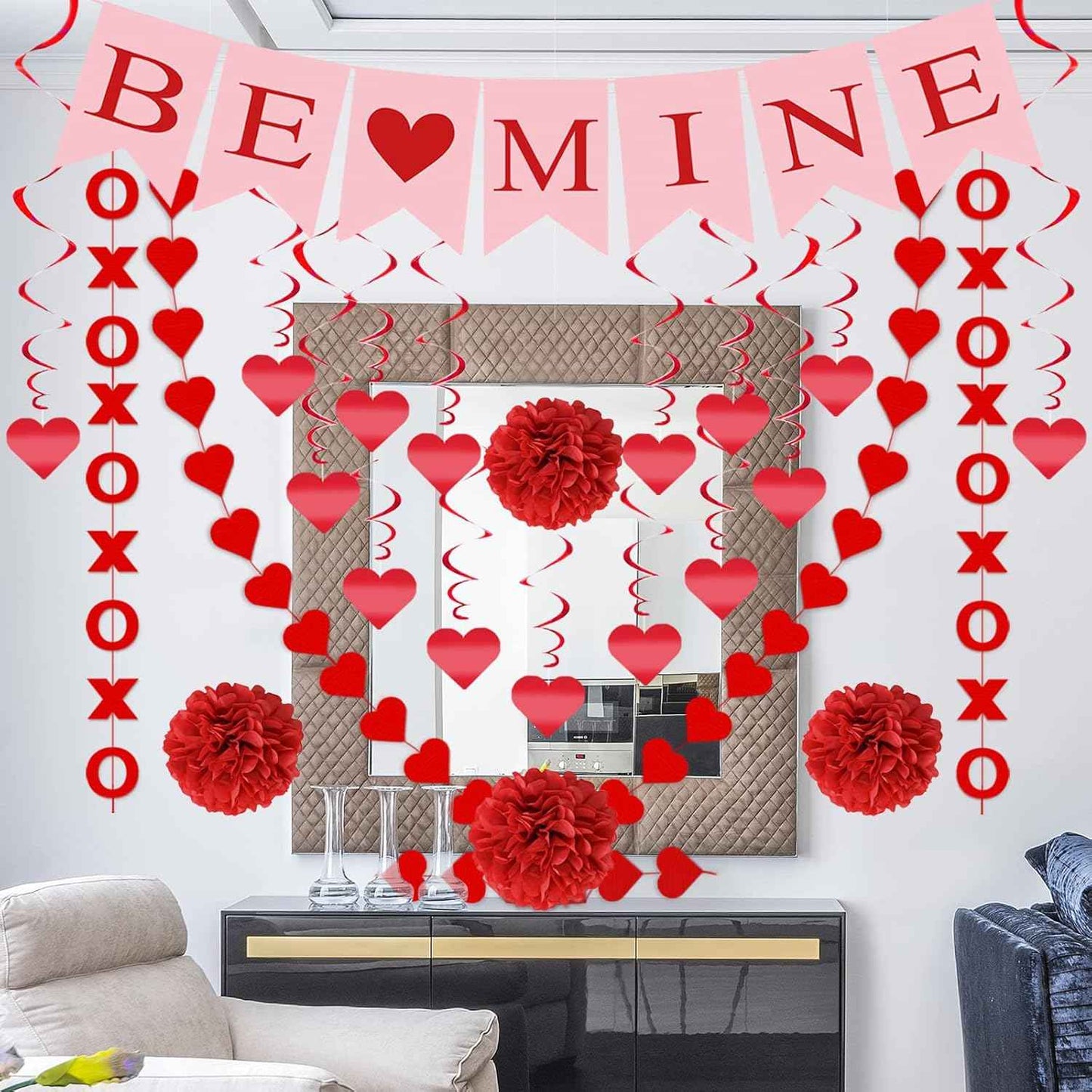 21Pcs Valentines Day Decorations Valentines Day Decor Pre-Assembled Hanging Heart Swirls BE Mine Love Heart XO Garlands Banner for Home Classroom Office Wedding Party