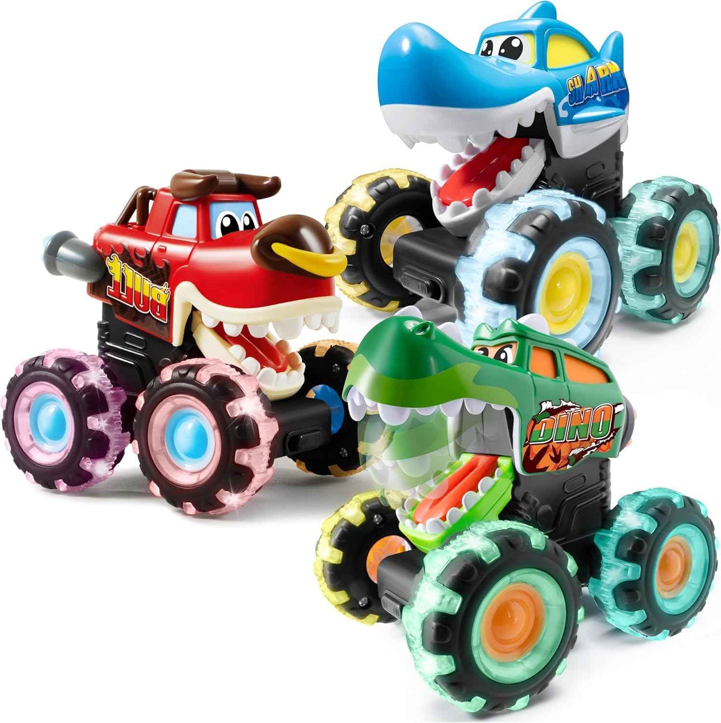 JOYIN 3 Pack Monster Truck Toy - Motion Activated Light Up Cars for Toddlers - Monster Glow Rover LED Wheels - Baby Boy Toys - Press and Go Dinosaur Trucks for Kids Boys Birthday Gifts for Christmas