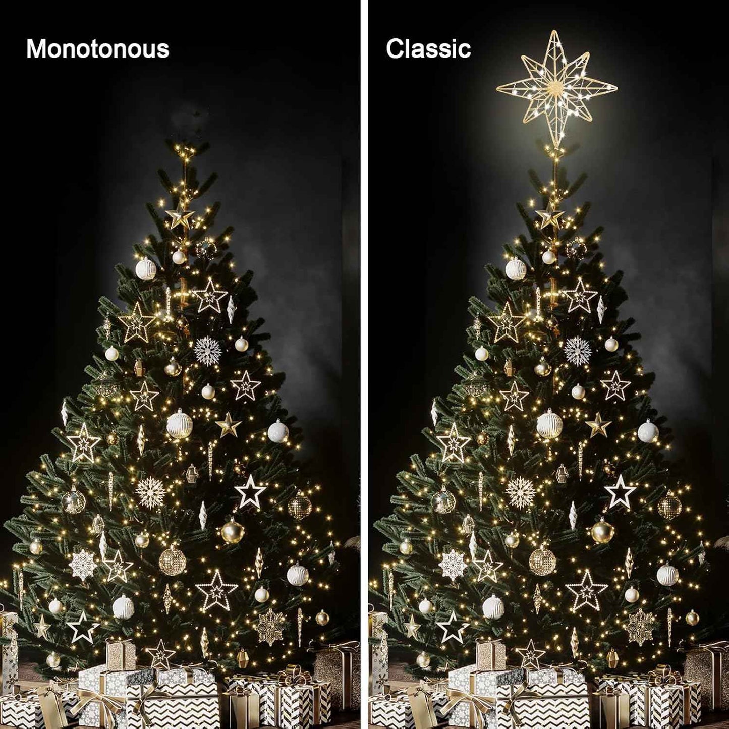 hogardeck Christmas Tree Topper, 11 Inches Lighted Gold Glittered 8-Point Star Tree Topper, 30 LED Sparkling Tree Toppers Christmas Decorations, Battery Powered Timer Xmas Treetop Star Decor
