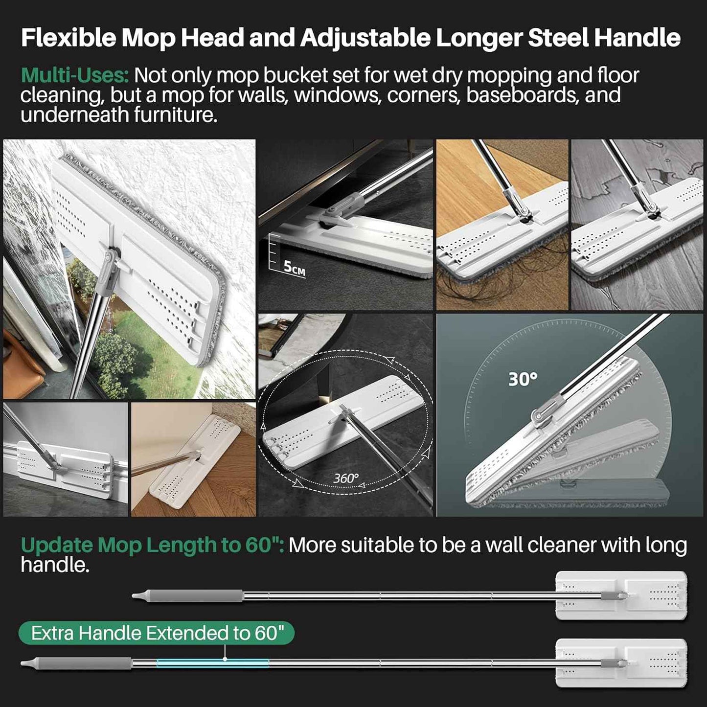 JOYMOOP Mop and Bucket Set with Wringer, Flat Mops for Floor Cleaning, Wall Mop Cleaner with Long Handle, Hardwood Floor Mop with 4 Microfiber Pads