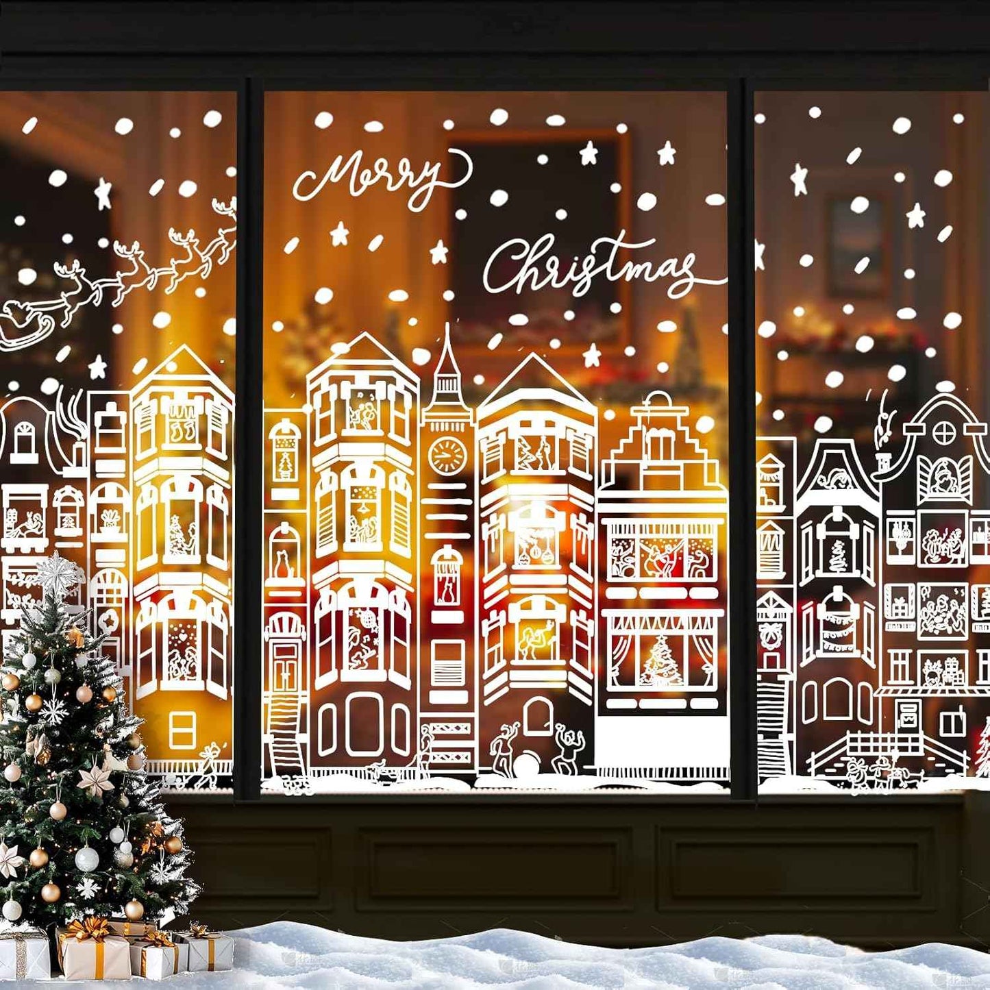 DIYDEC 15.7 * 27.5'' Large Christmas Window Stickers 4 Sheets White House Xmas Window Clings for Glass Decoration Snowman Snowflake Double-Sided Window Decals for Christmas Holiday Party Ornament