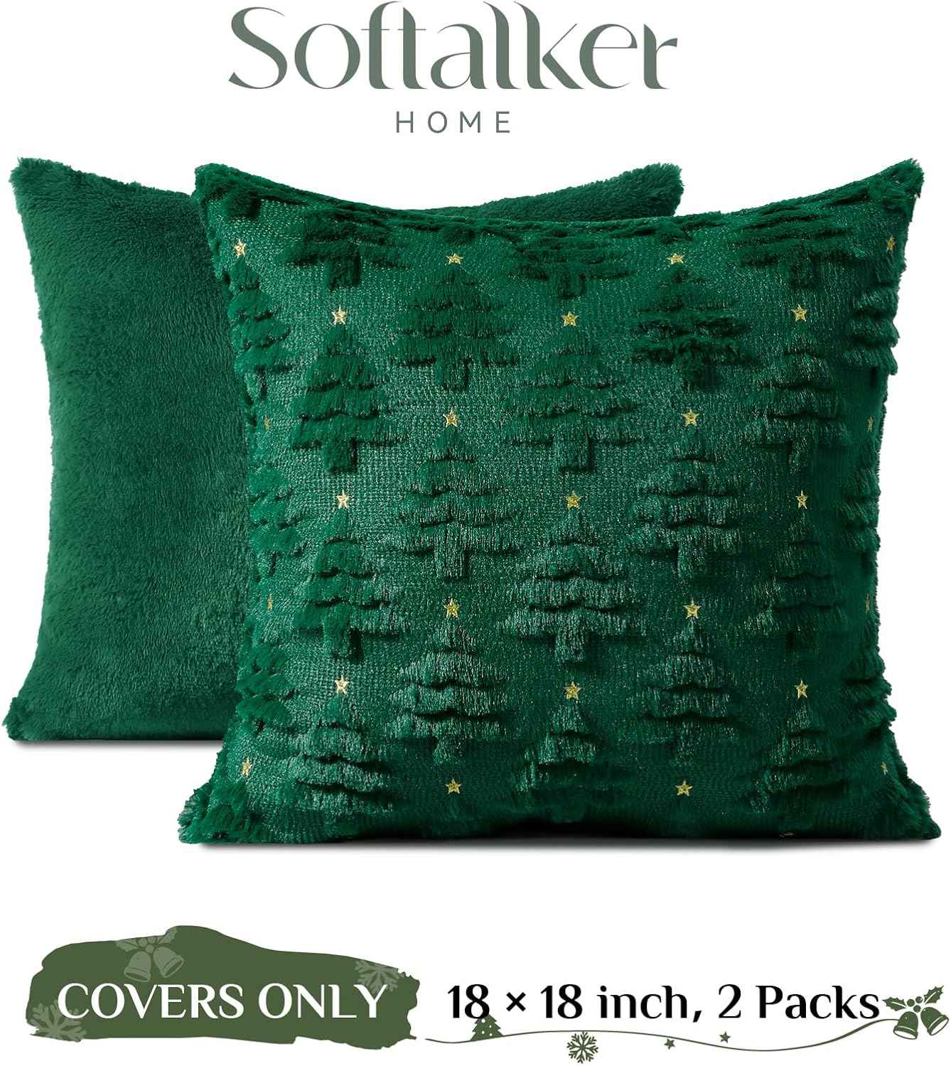 Softalker Christmas Throw Pillow Covers 18 x 18 Inch Set of 2, Xmas Winter Christmas Tree Faux Fur Cushion Covers, 3D Embroidered Pillow Cases for Couch Bedroom Living Room Decor, Green