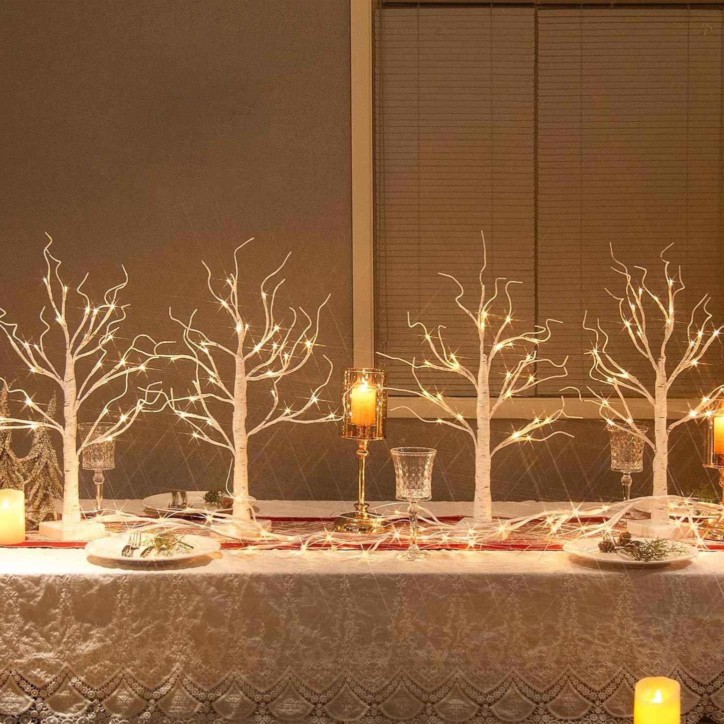 Vanthylit White Birch Tree with LED Lights - Set of 2, Tabletop Tree with Timer, Christmas Decorations Lighted Tree for Indoor Mantel Home Decor (2 FT, 24 LED)