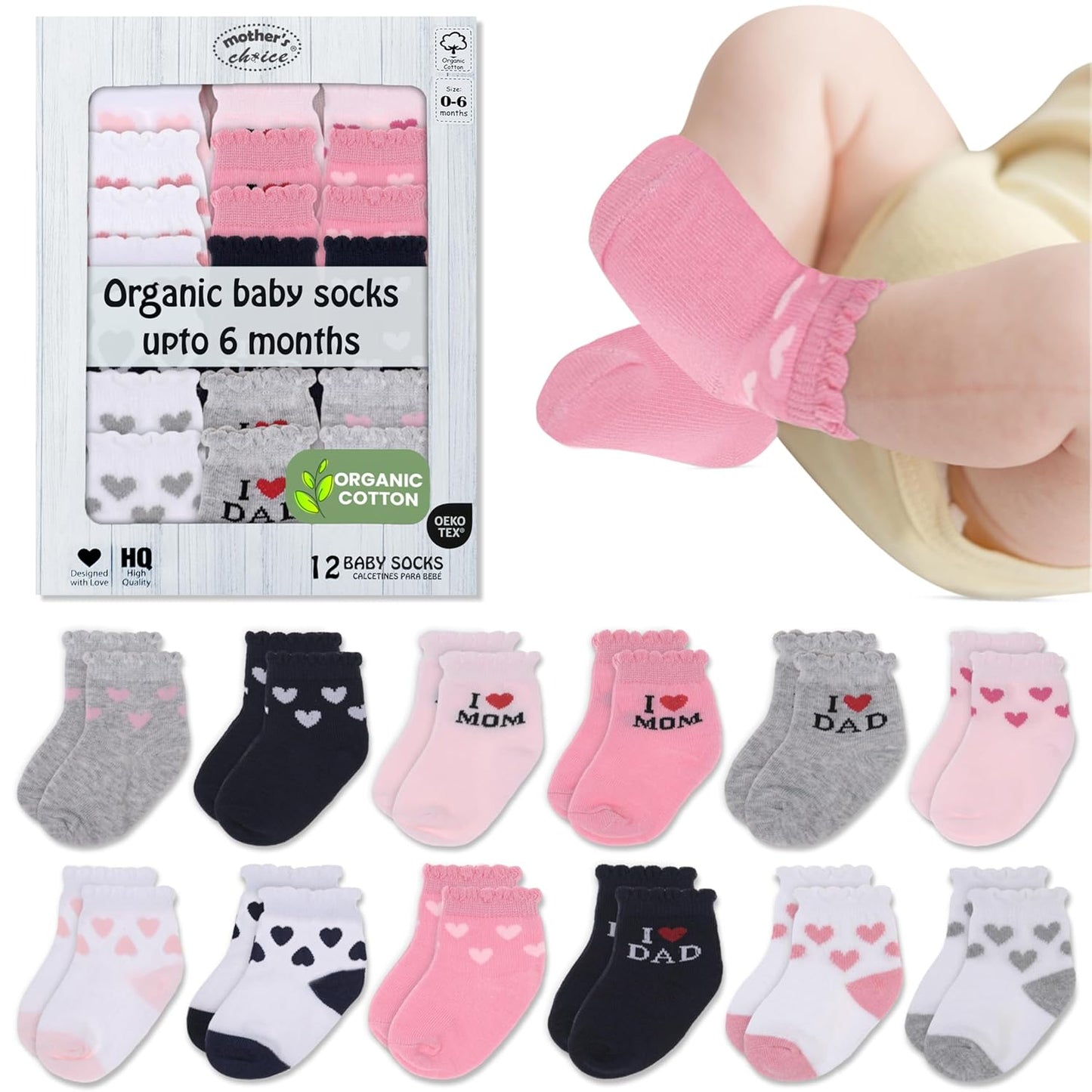 Mother's Choice Organic Cotton Baby Socks Infant 0-6 Months - 12 pairs Soft, Cozy, and Gentle Newborn Socks for Girls & Boys, Perfect Baby Registry for Everyday Wear, and Infant Comfort
