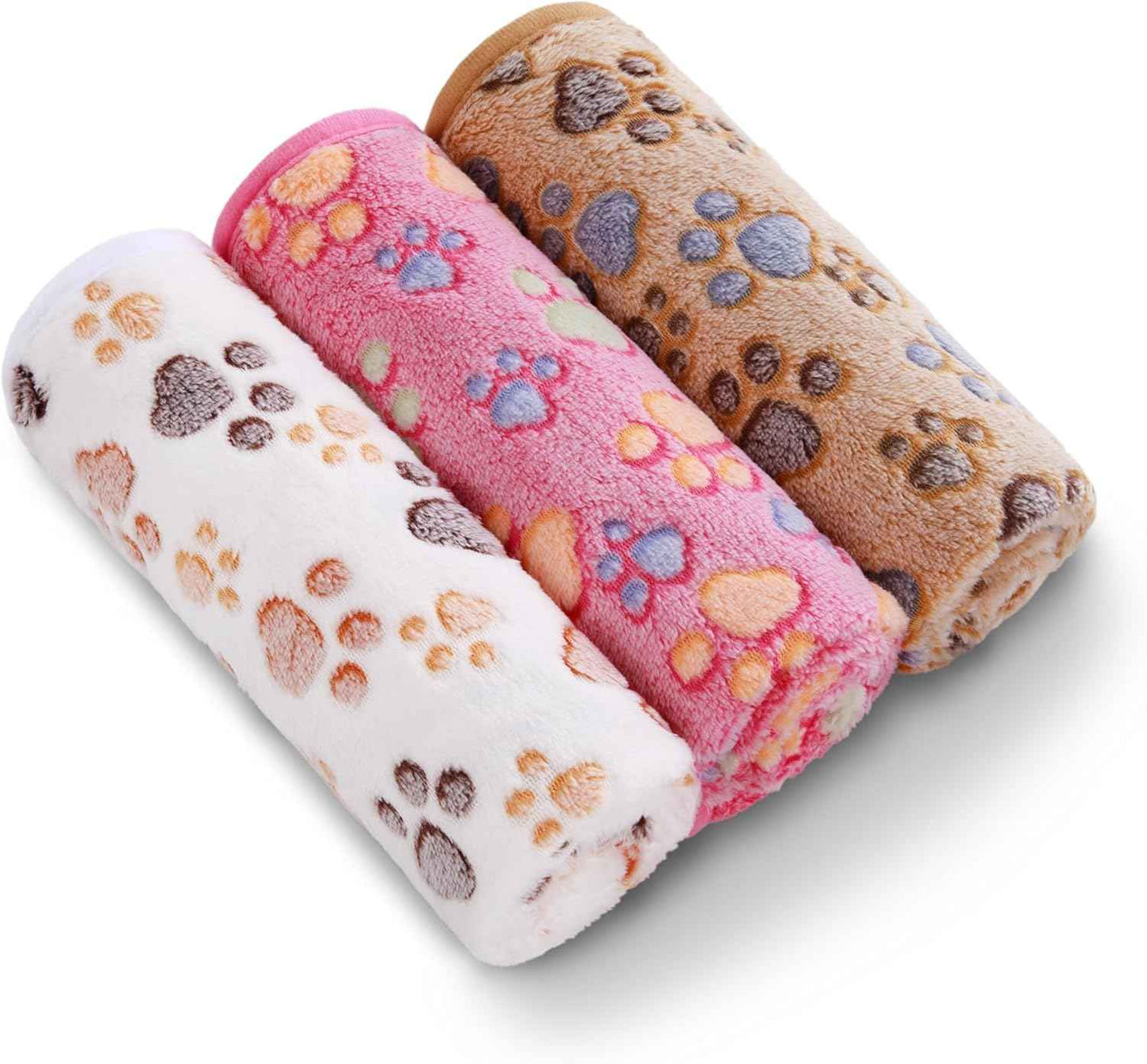 1 Pack 3 Blankets Super Soft Fluffy Premium Fleece Pet Blanket Flannel Throw for Dog Puppy Cat Paw Brown/Pink/White Small(23x16 inch)