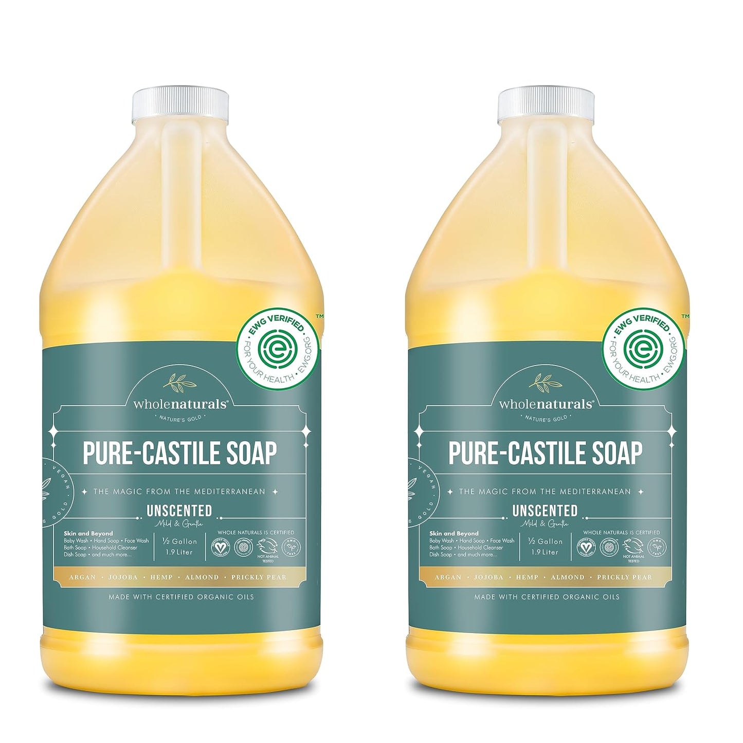 WHOLENATURALS Pure Castile Soap Liquid, EWG Verified & Certified Palm Oil Free Unscented, Natural, Mild & Gentle Non-gmo & Vegan - Organic Body Wash, Laundry, Pet/Dog and Baby Soap - 64 Fl Oz