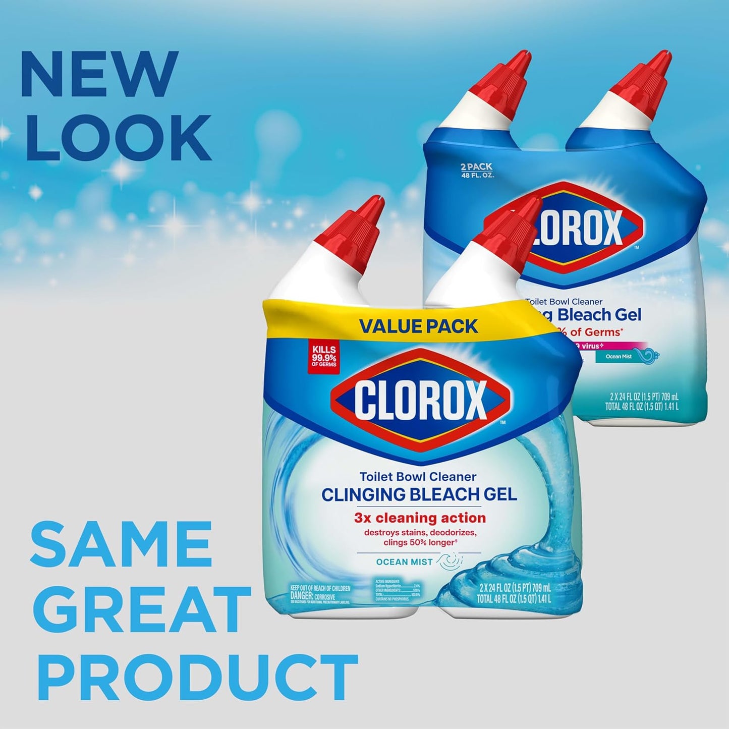 CLOROX Toilet Bowl Cleaner Clinging Bleach Gel, Ocean Mist, 24 Fl Oz, Pack of 2 (Package May Vary) - Rayz Mart