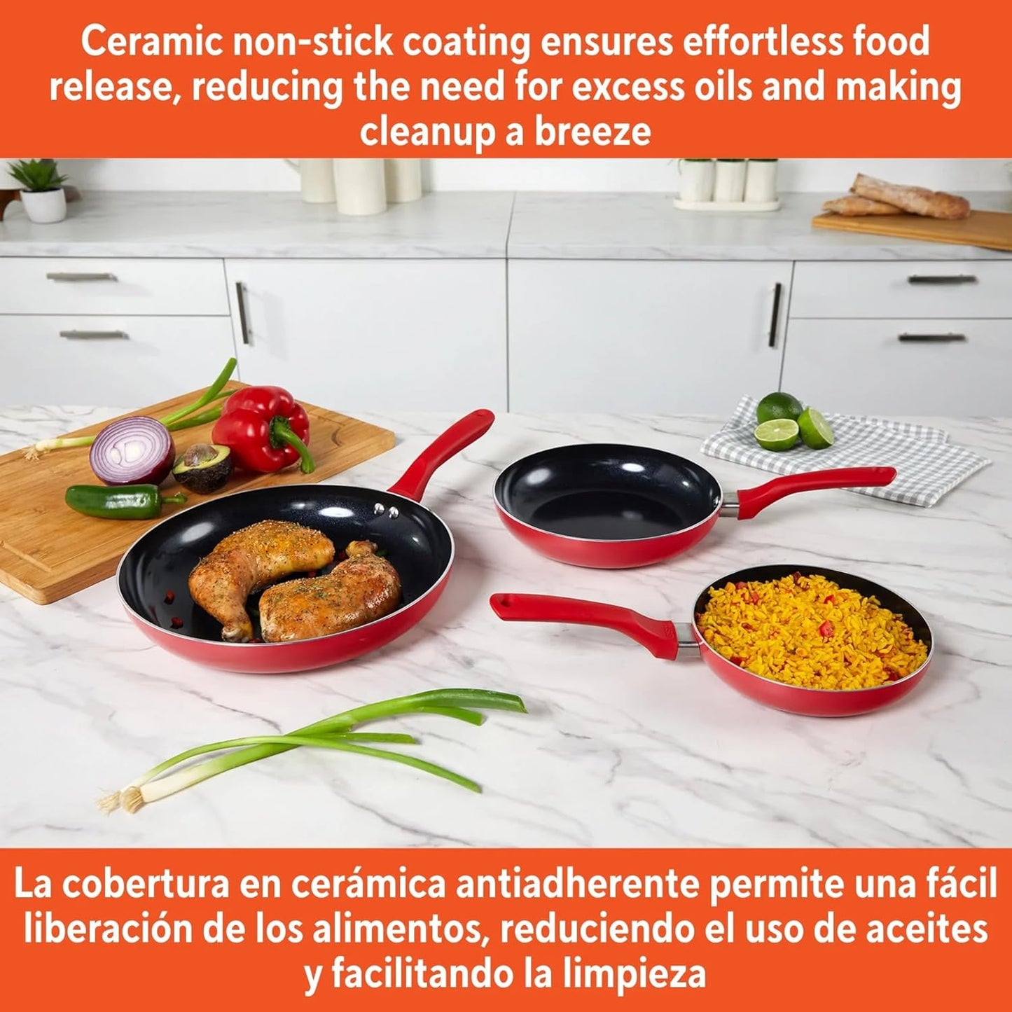 LYMSTE 3-Piece Red Ceramic Non-Stick Frying Pan Set, Aluminum Pots and Pans Set with Cool Touch Handles