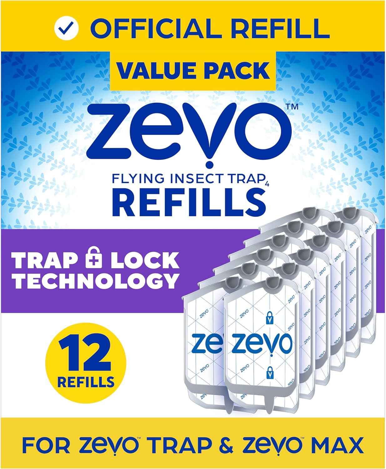 Zevo Flying Insect Trap Refill - for The Zevo MAX & Standard Indoor Fly Trap - Catch Gnats, House & Fruit Flies - Easy to Use - Mess-Free Disposal (4 Refill Cartridges)