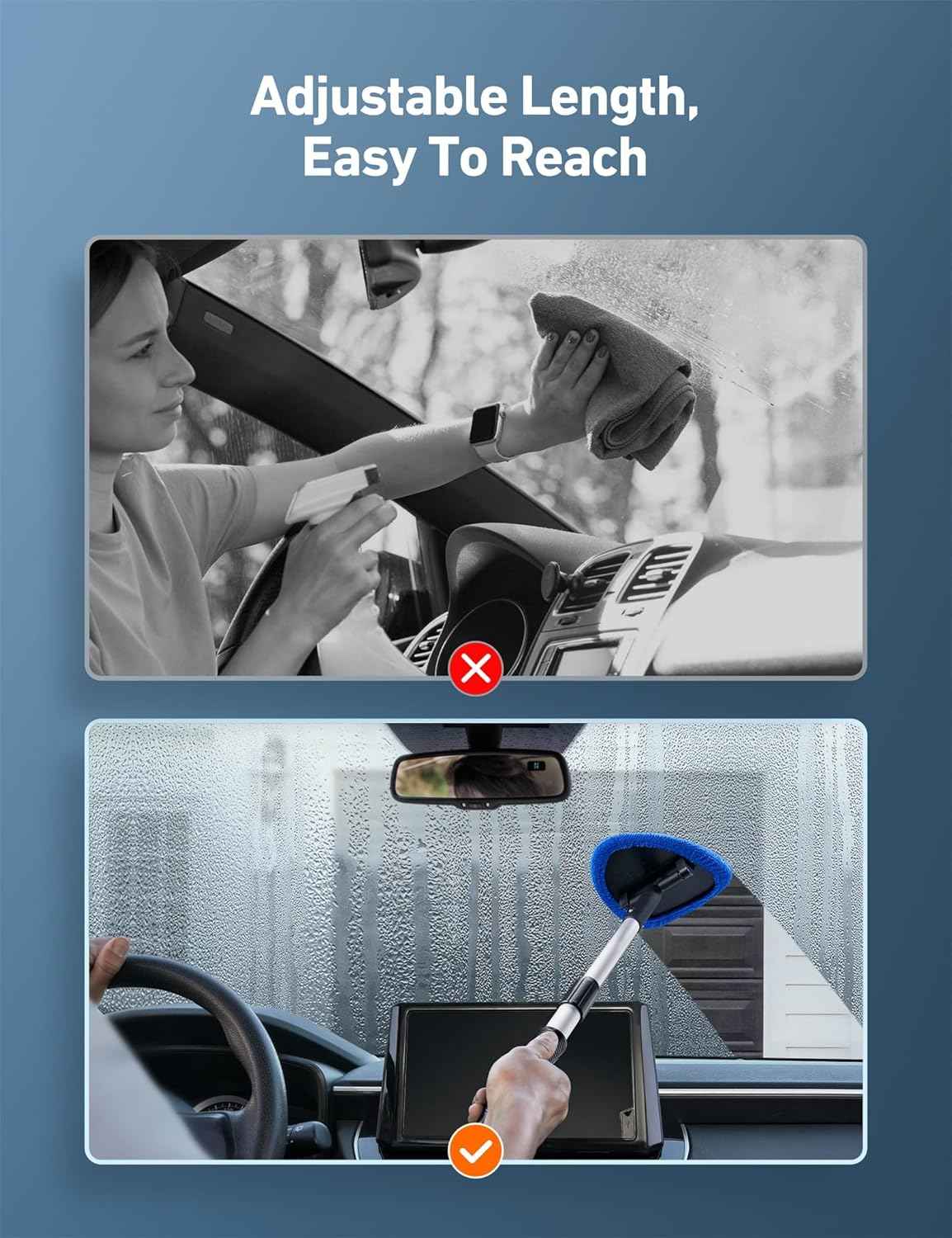 AstroAI Windshield Cleaner Tool, Car Interior Detailing Cleaning Kit with Extendable Handle and 4 Upgraded High-Density Reusable Microfiber Pads, Auto Glass Wiper Brush Kit for Cars, Blue, 15.9in-21in