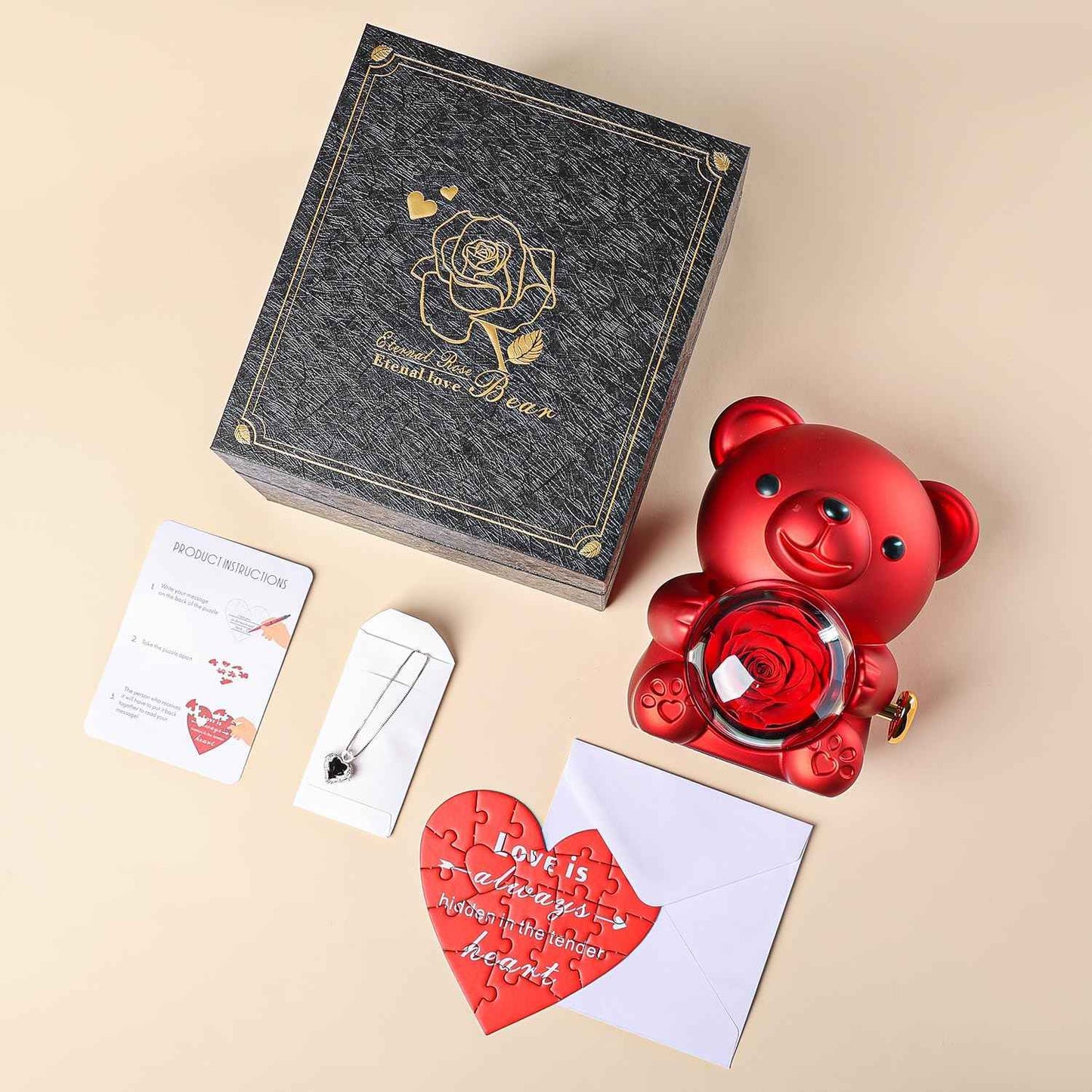 Cute Teddy Bear with Preserved Rose - A Real Rose Flower in Bear with Elegant Gift Box - Romantic Gift for Her in Mother's Day, Weddings, Anniversaries, and Bridal Showers (Red)