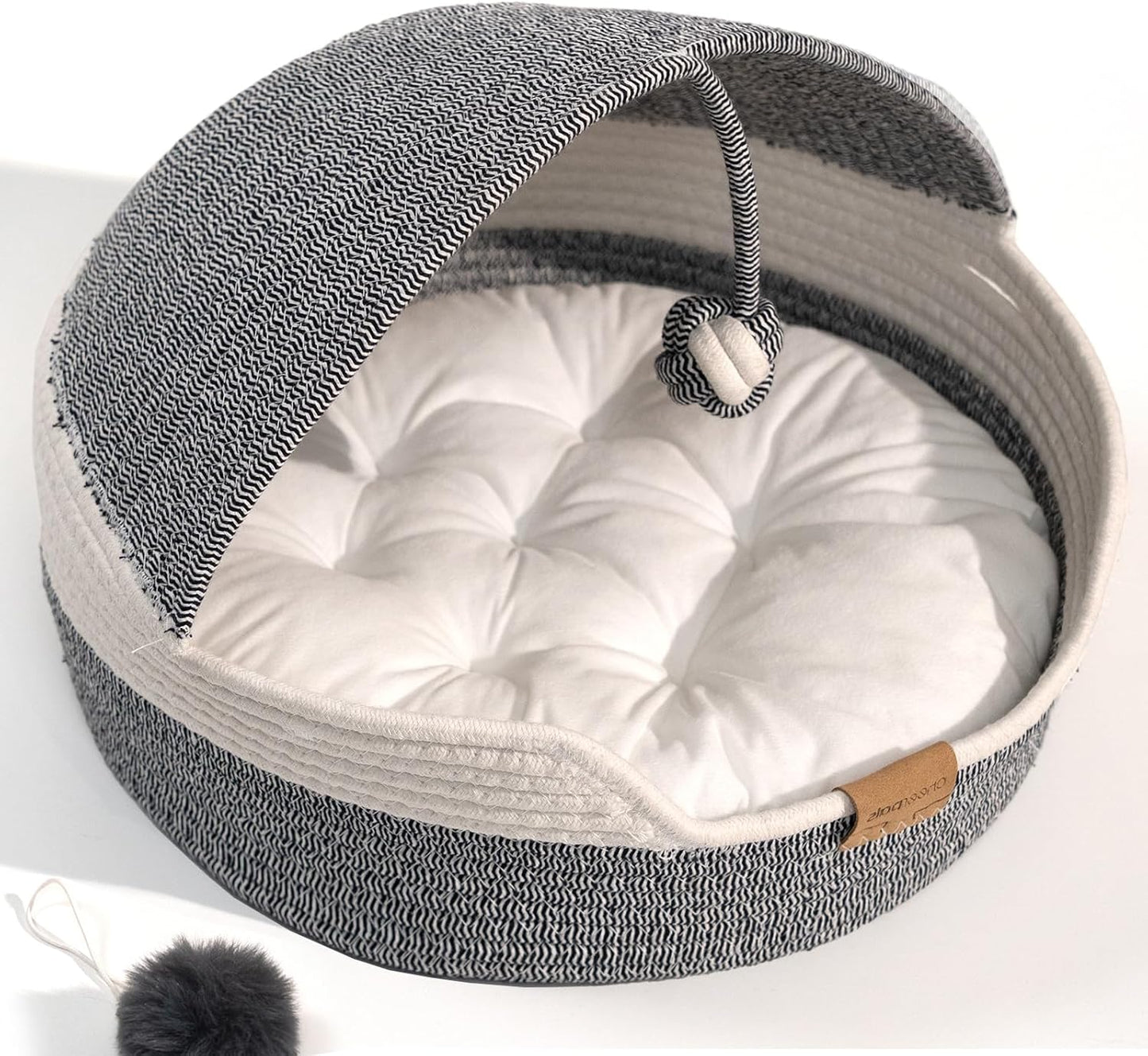 CHEERPALS Cat Basket Bed for Indoor Cats, Covered Pet Bed with Washable Cushion and Ball Rope Cotton Bed for Medium and Large Cat, All Season Universal(White)