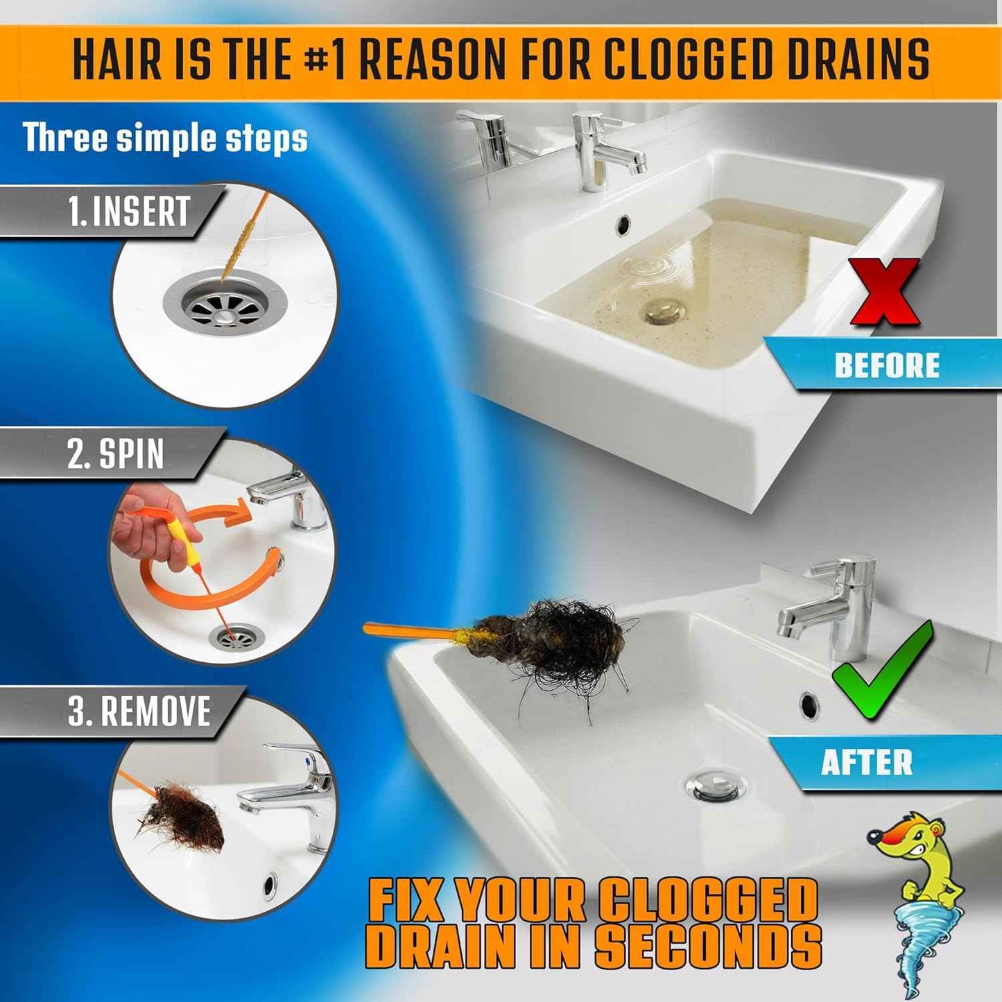 FlexiSnake Drain Weasel Sink Snake Hair Clog Remover Tool, Pipe, Bathroom, Bathtub Cleaner, 18-inch, Made in the USA, 5 Wands and Removable Handle