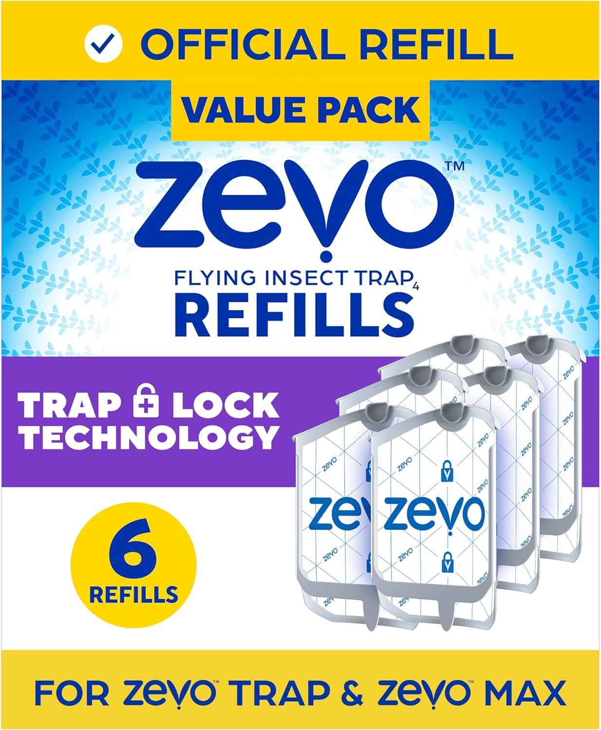 Zevo Flying Insect Trap Refill - for The Zevo MAX & Standard Indoor Fly Trap - Catch Gnats, House & Fruit Flies - Easy to Use - Mess-Free Disposal (4 Refill Cartridges)