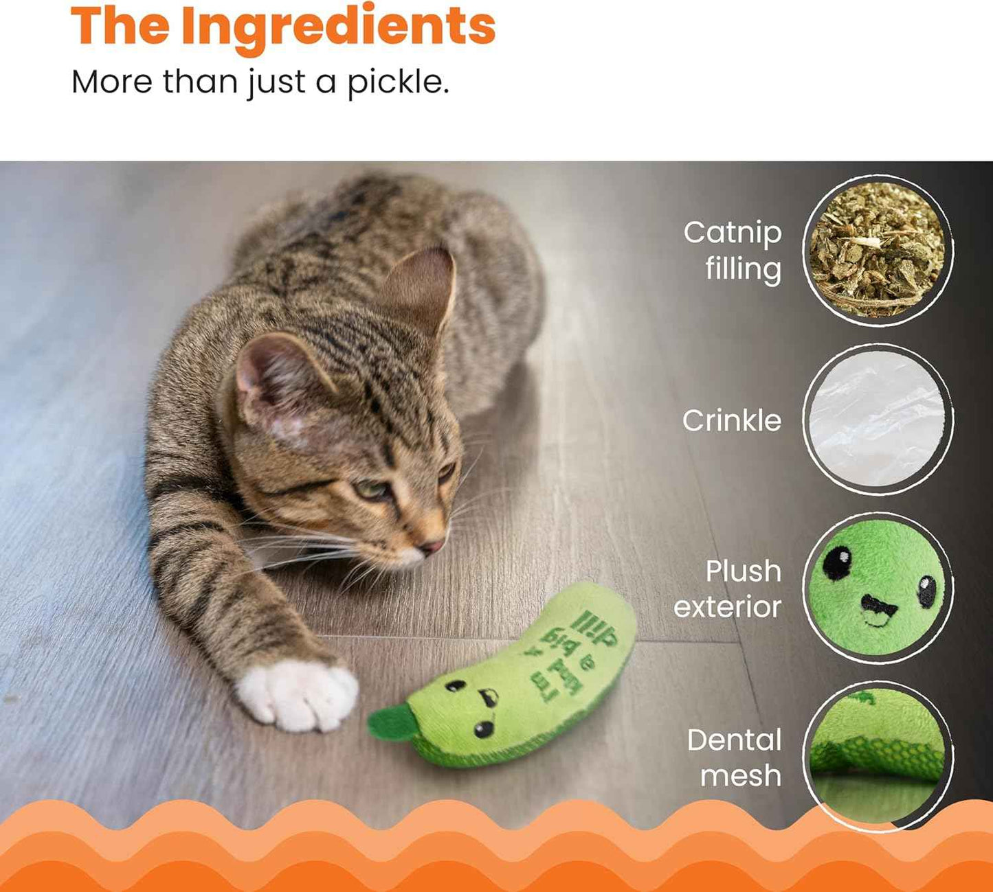 Catstages Crunchy Pickle Kicker Cat Toy – Plush Crinkle Toy with Catnip and Dental Mesh, 6.5"