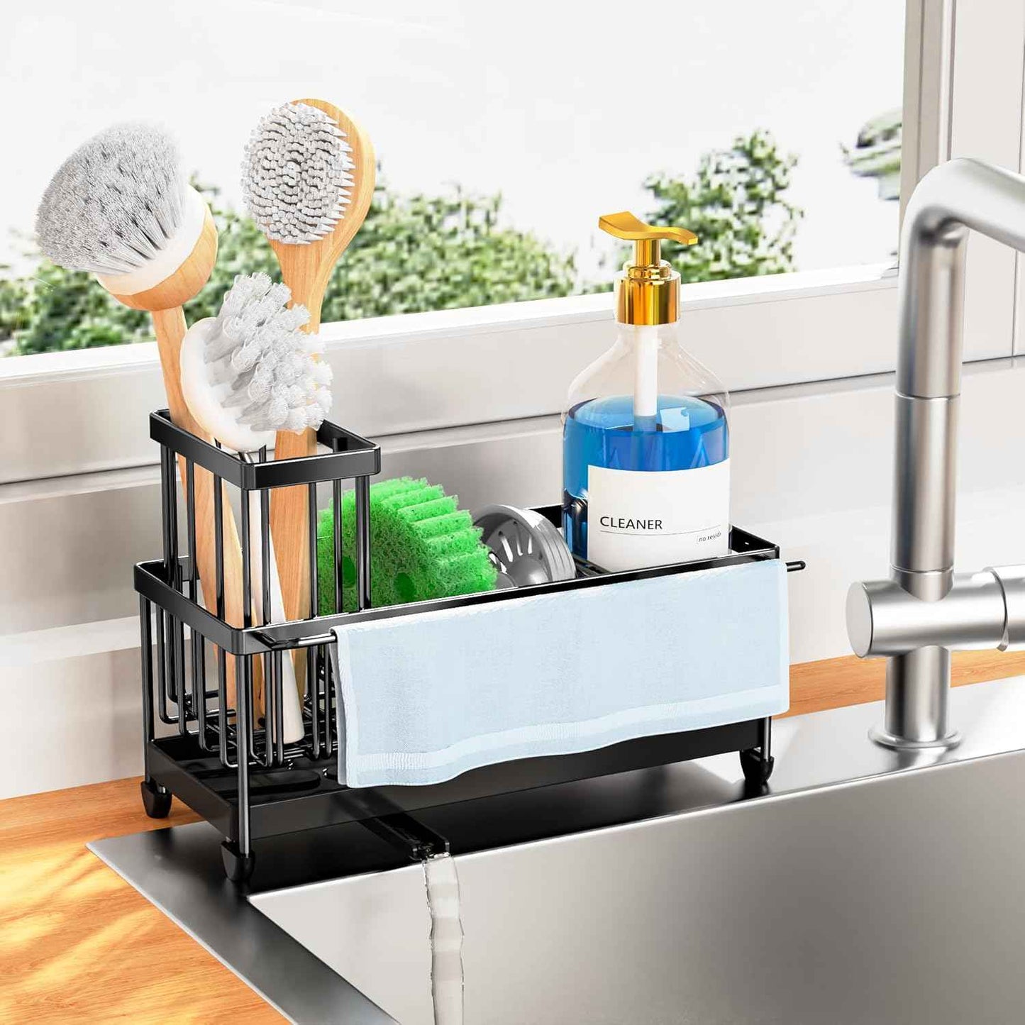 Cisily Silver Sponge Holder for Kitchen Sink, Sink Caddy Organizer with High Brush Holder, Kitchen Countertop Organizers and Storage Essentials, Rustproof 304 Stainless Steel, Soap Dispenser Organize