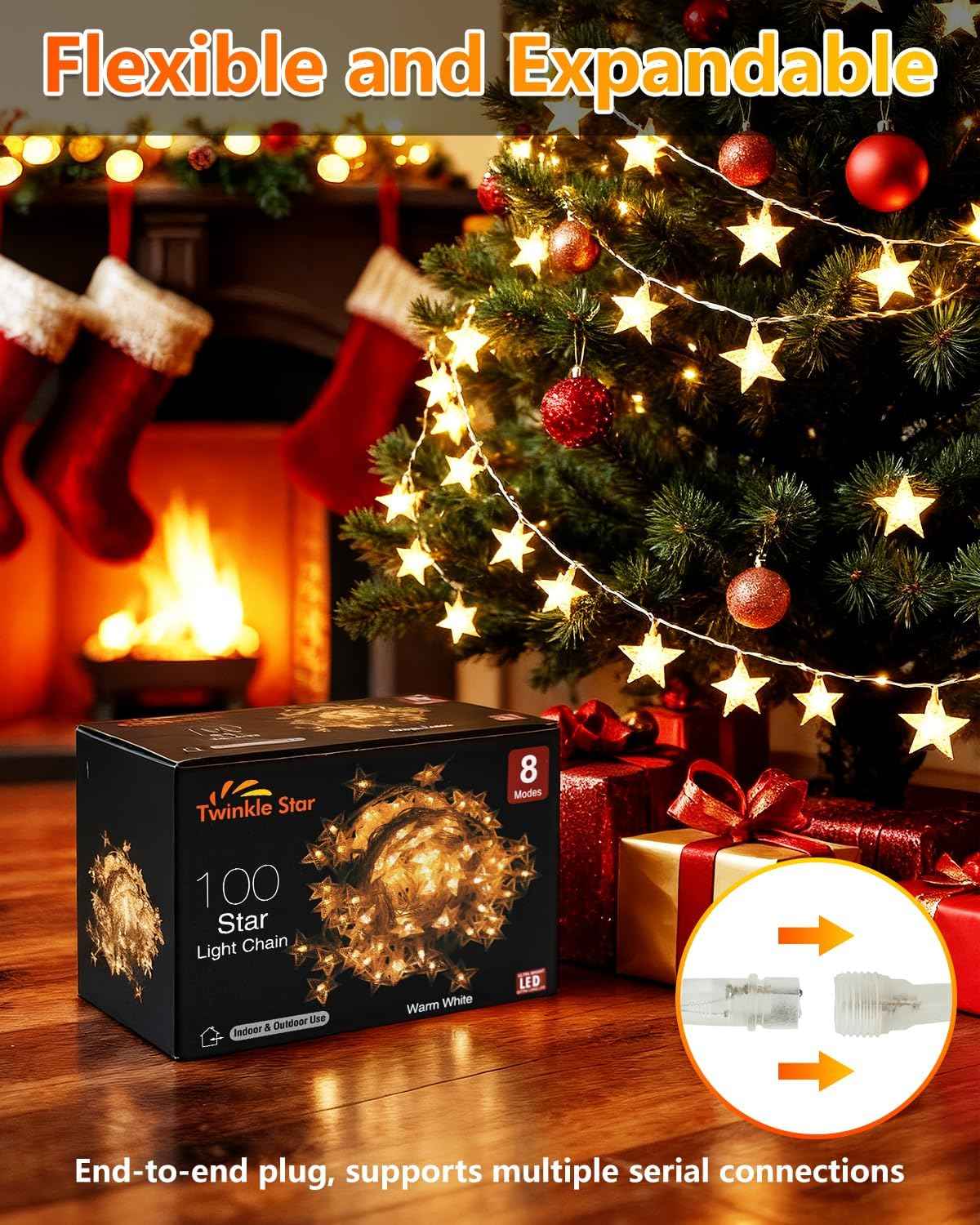 Twinkle Star 100 LED Star String Lights, 33FT Plug in Fairy String Lights Waterproof, Extendable for Indoor, Outdoor, Wedding Party, Christmas Tree, New Year, Ramadan, Garden Decoration, Warm White