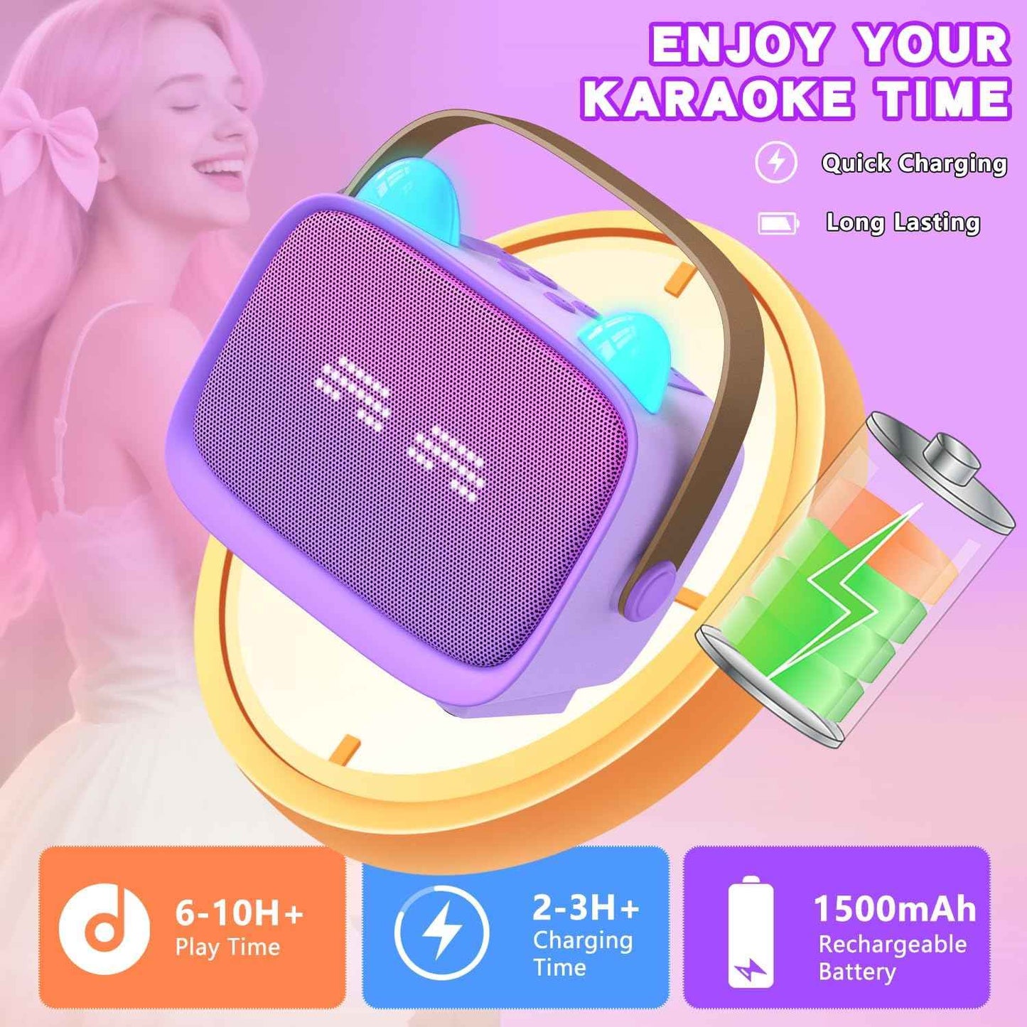 Mgaolo Upgraded Mini Karaoke Machine Toy for Kids, Portable Bluetooth Speaker with 2 Wireless Mics, Emoji & Colorful LED Lights, Home Travel & Party Play Gifts for Boys Girls (Purple)