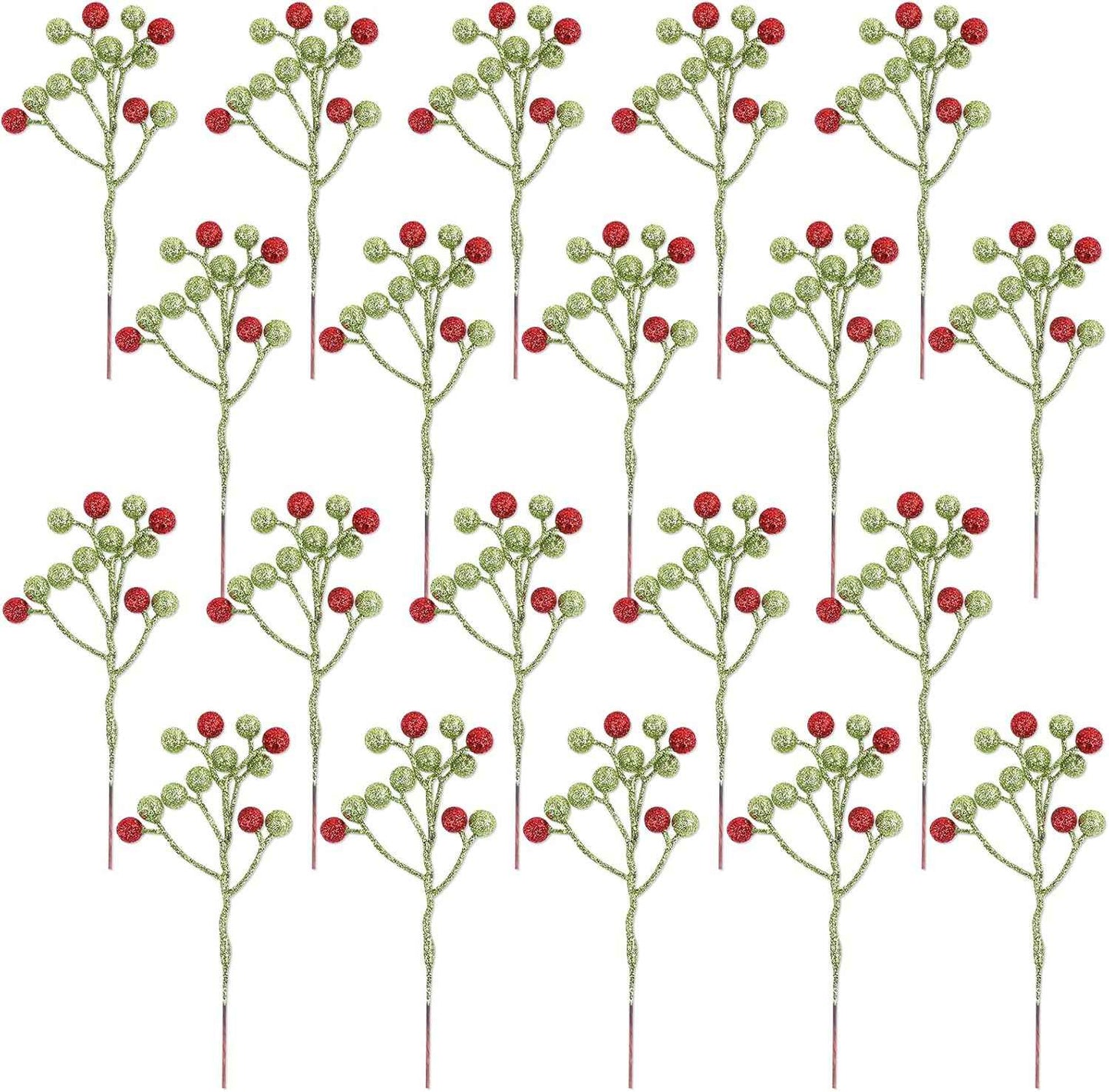 Fangoo 20 Pack 7 Inch Artificial Red Berry Picks for Christmas Tree Burgundy Red Berries Stems Holly Berry Branches Ornaments Wreath Crafts Wedding Holiday Season Winter Home Decor