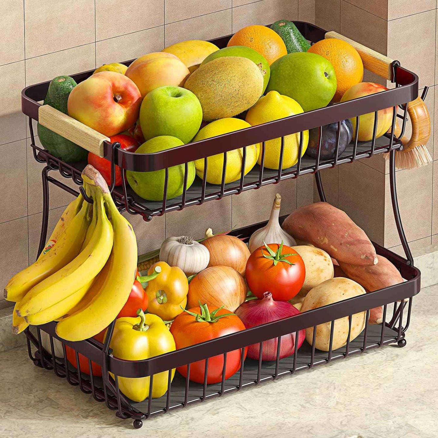 2 Tier Fruit Basket for Kitchen Counter with 2 Mobile Banana Hangers, 2025 Pro Detachable Metal Fruit Bowl with Wooden Handle, Fruit Holder for Bread Snack Veggies with Protective Mats