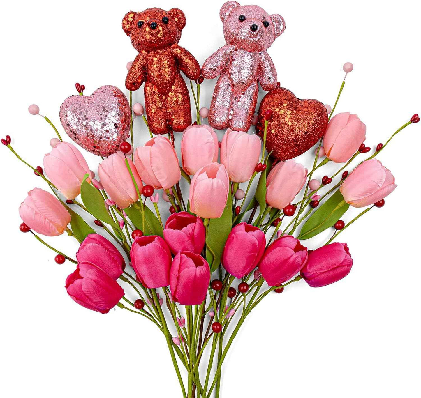 JINGHONG Valentine's Day Decorations Valentines Day Gifts 10 Pack Artificial Floral Picks with Pink Red Bear and Heart Tulip for Valentine Mothers Day Anniversary Candlelight Dinner Party Decor