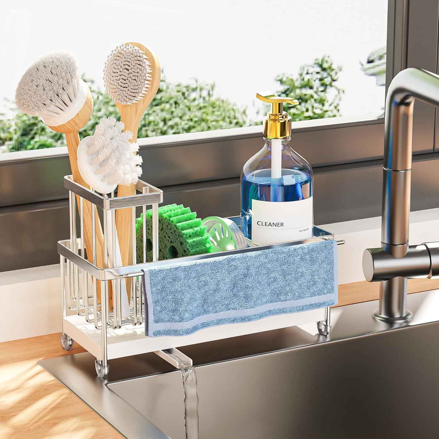 Cisily Silver Sponge Holder for Kitchen Sink, Sink Caddy Organizer with High Brush Holder, Kitchen Countertop Organizers and Storage Essentials, Rustproof 304 Stainless Steel, Soap Dispenser Organize