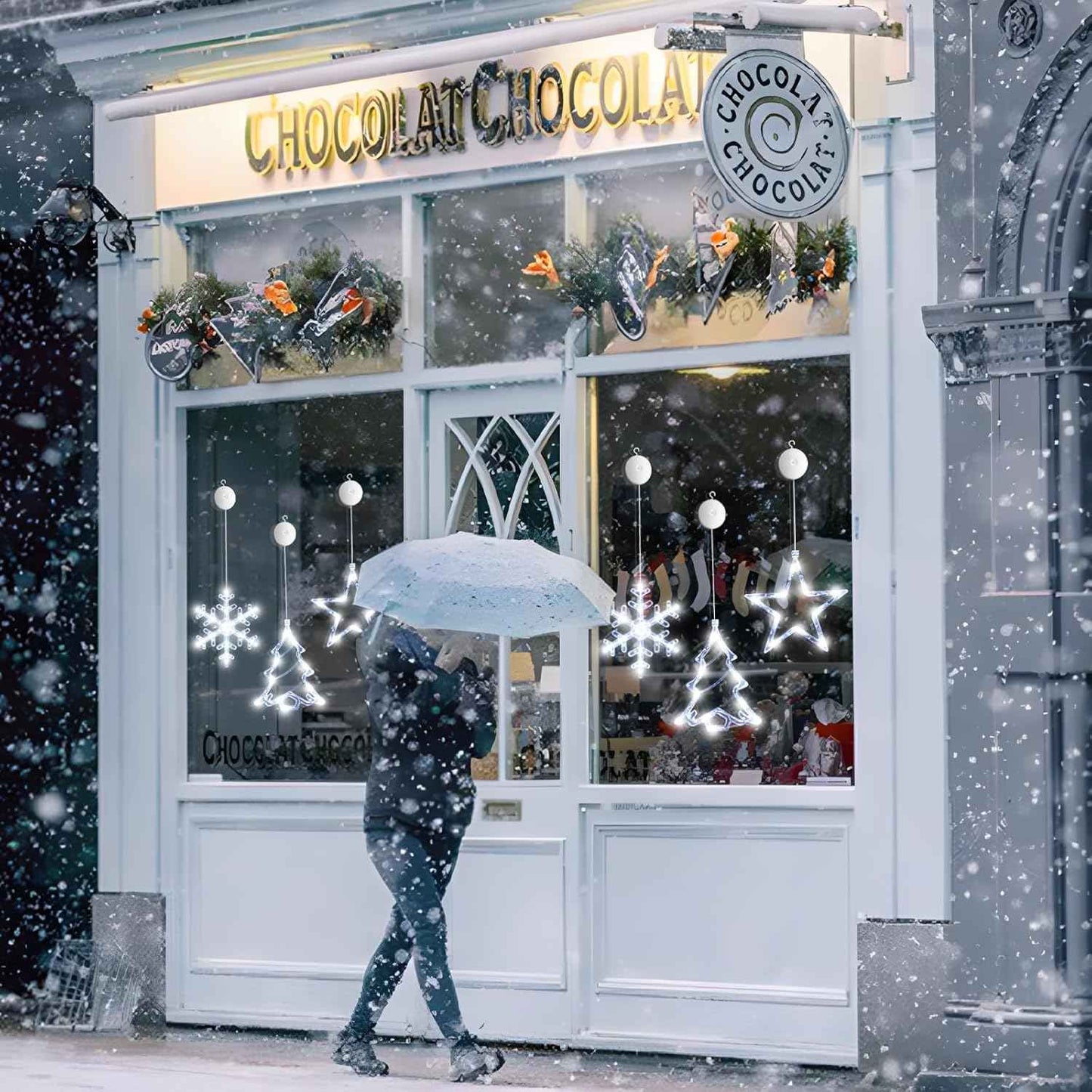 3Pack Christmas Window Lights Decorations with Timer, Battery Powered Hanging White Lighted Snowflake Tree Star Shaped LED Sucker for Xmas Tree Fireplace Indoor Decor