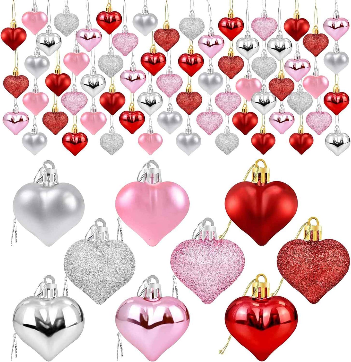 36Pcs Valentines Heart Shaped Ornaments - Valentines Heart Decorations - Red Pink Silver Glitter Heart Shaped Baubles - Romantic Christmas Valentines Tree Hanging Decorations