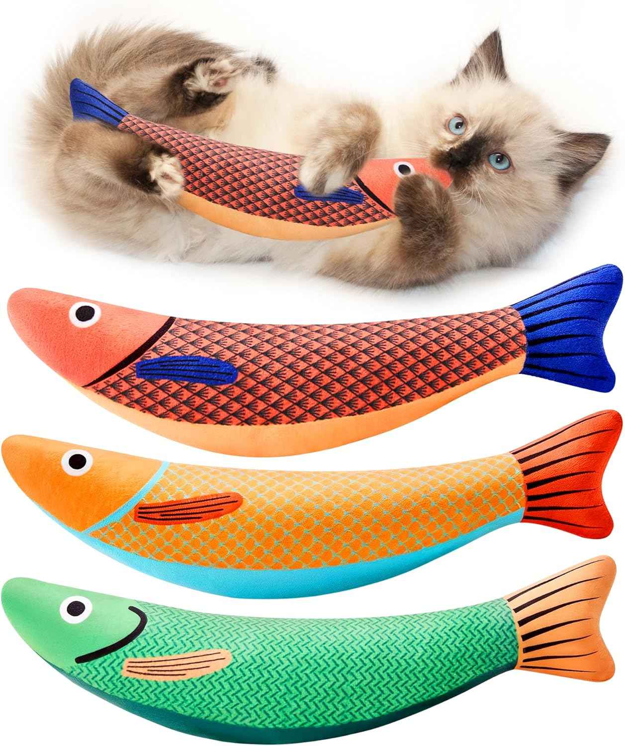 Potaroma Cat Toys Saury Fish, 3 Pack, Catnip Crinkle Sound, Soft and Durable, Interactive Kitten Kicker for Indoor Kitty Exercise 9.4 Inches for All Breeds