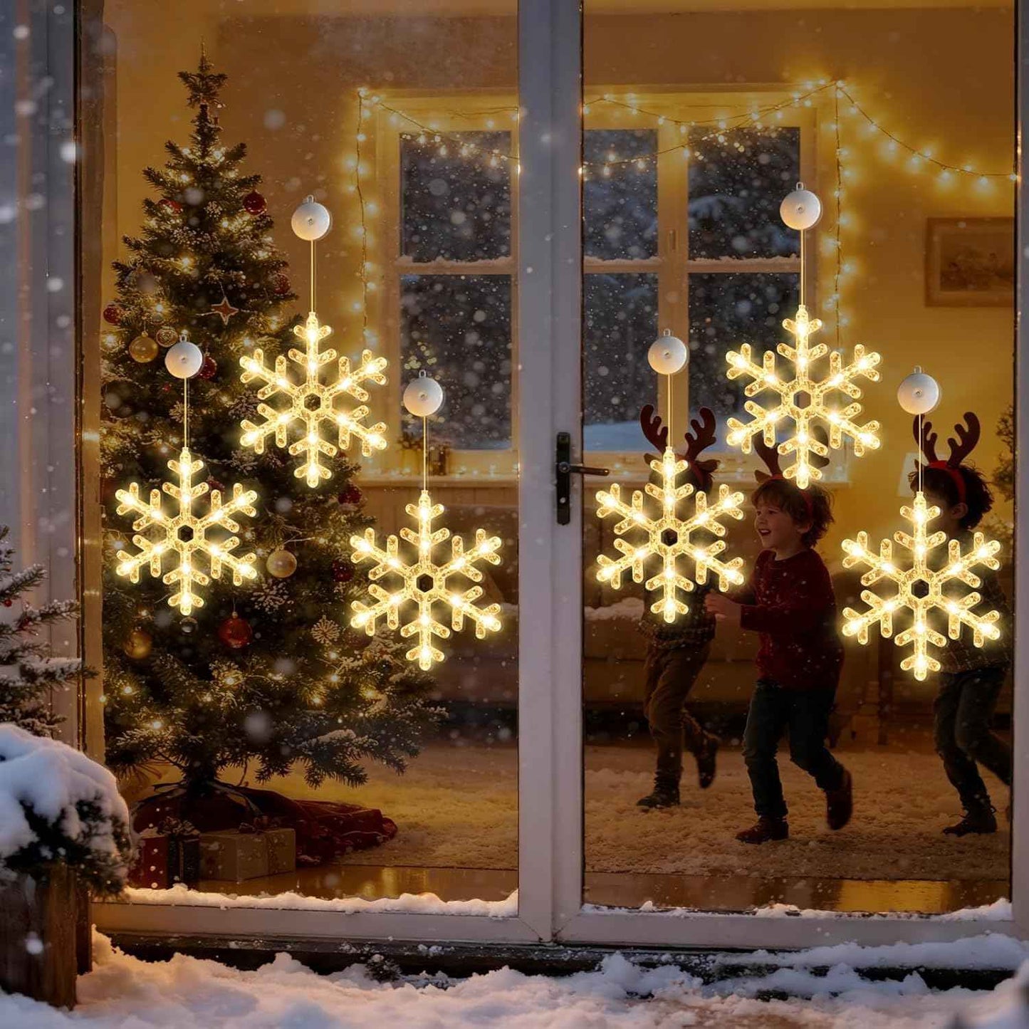 3Pack Christmas Window Lights Decorations with Timer,Battery Powered Christmas Hanging Warm White Lighted Snowflake Shaped LED Sucker for 2026 Xmas Tree Fireplace Indoor Decor