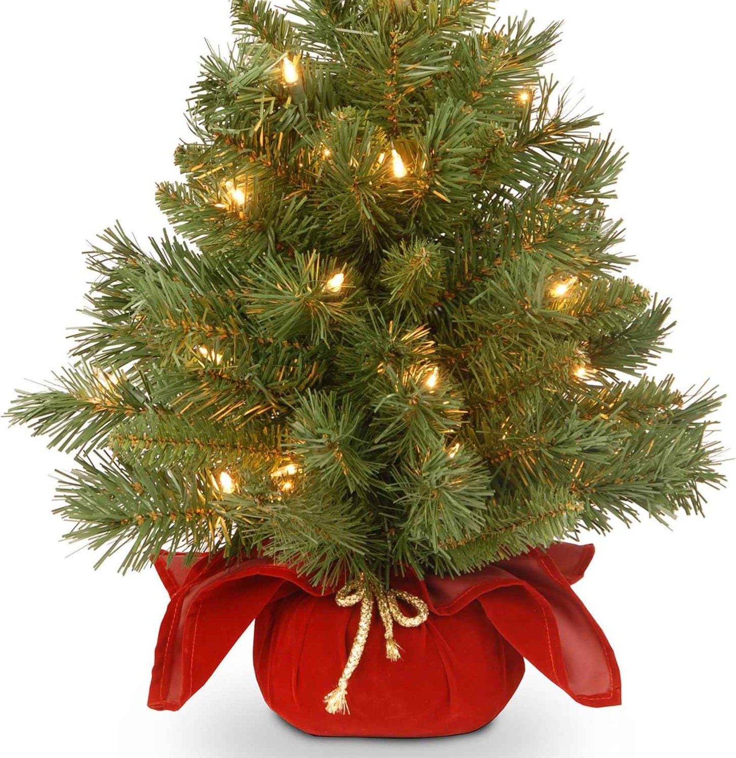 National Tree Company 24 in Pre-Lit Majestic Fir Mini Artificial Christmas Tree, 35 Clear Lights, 71 Tips, Red Cloth Base, Green