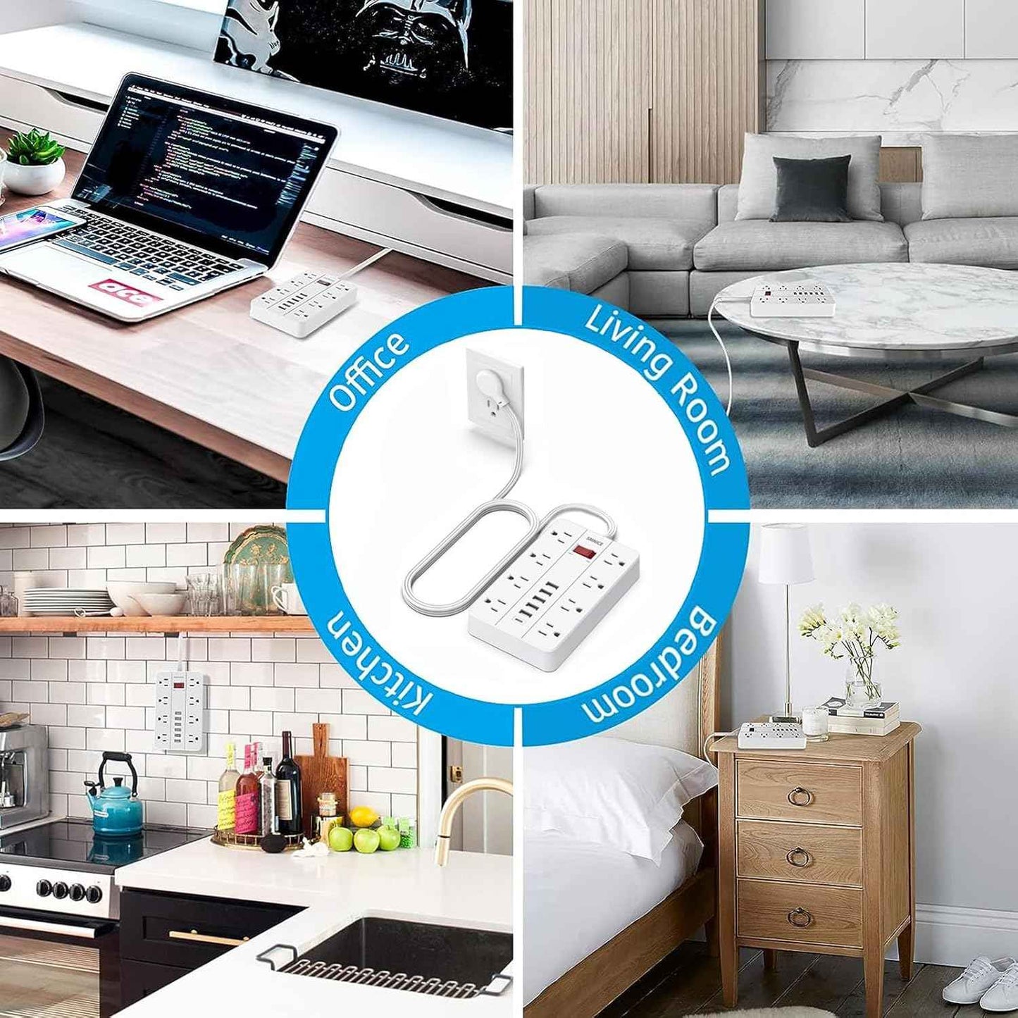 Power Strip with USB,Surge Protector Flat Plug with 8 Widely Spaced Outlets and 6 USB Ports(1 USB C), 5ft Extension Cord Wall Mountable Phone Tablet Laptop Computer Multiple Devices