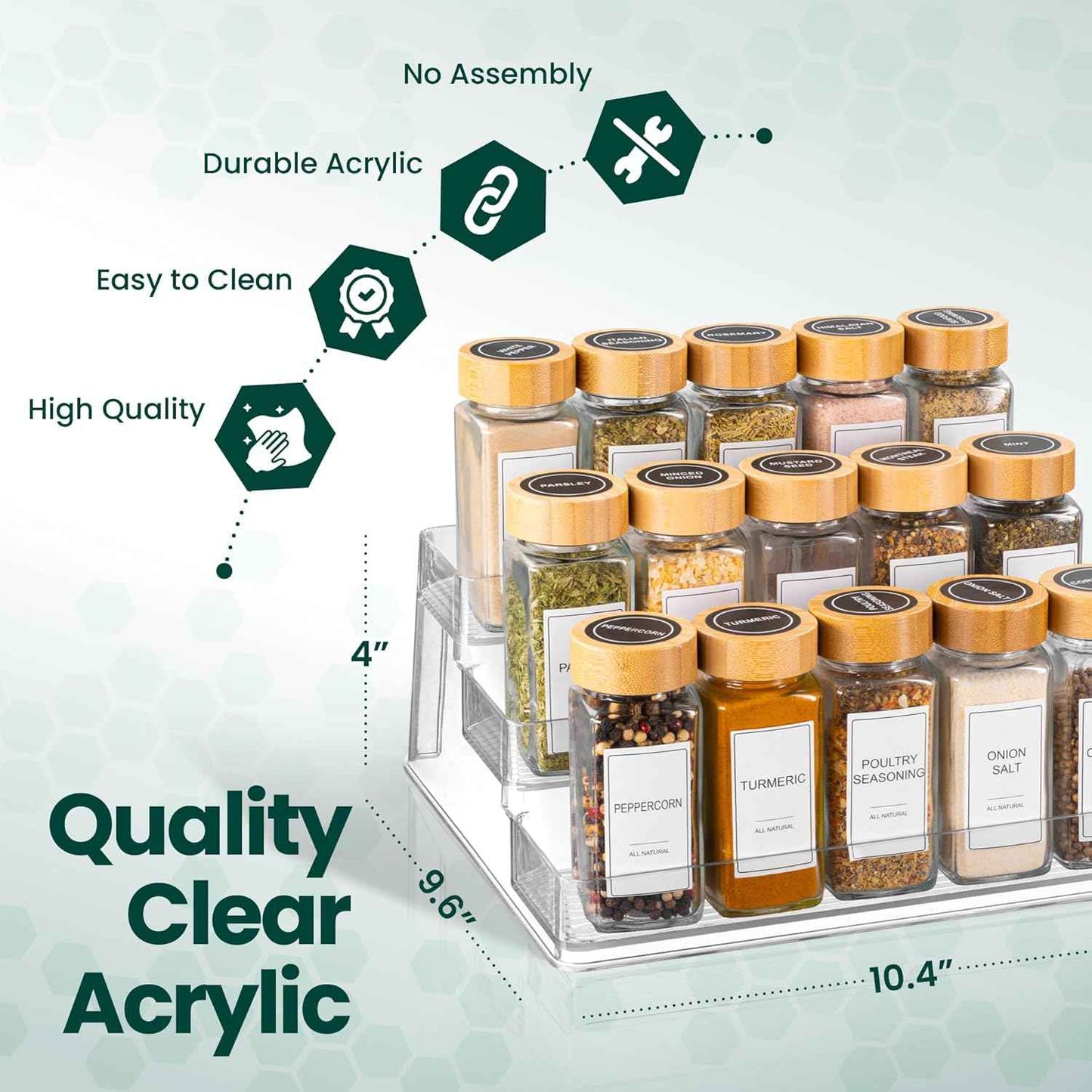 Oizeir Clear Spice Rack (2-Pack) – 3-Tier Acrylic Organizer for Cabinet – Deep Spice Shelf – 10.4 x 9.6 x 4 Inches – Holds Seasoning and Condiments