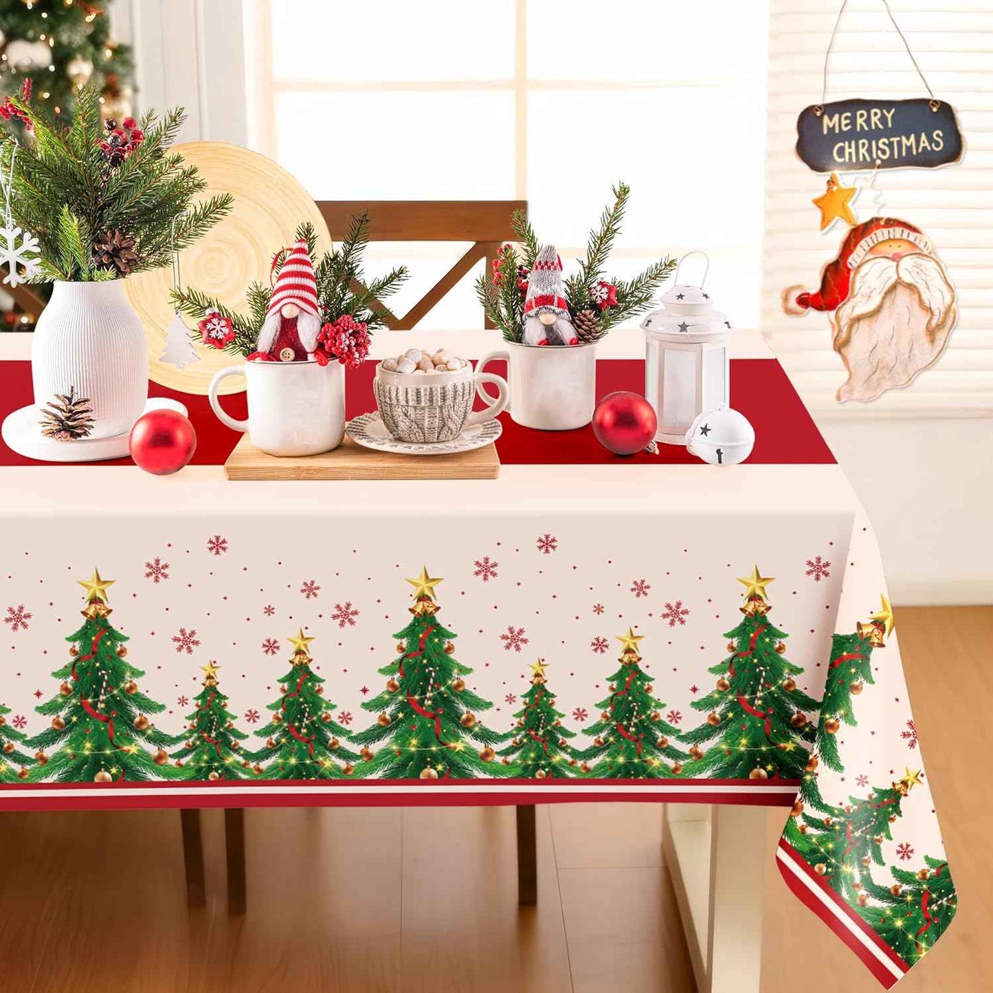 Childom 2 Pack Christmas Tablecloths,Christmas Party Decoration,54 x 108 Inch,Disposable Plastic Table Cloths Rectangular for Party Supplies,Xmas Tree Table Cover for Home,Dinner,Indoor,Outdoor,Picnic